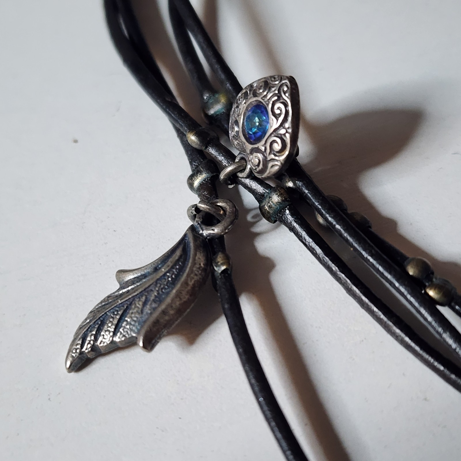 Vintage Van Galz Black Leather Multi Strand Necklace Blue Crystals Heart Charms