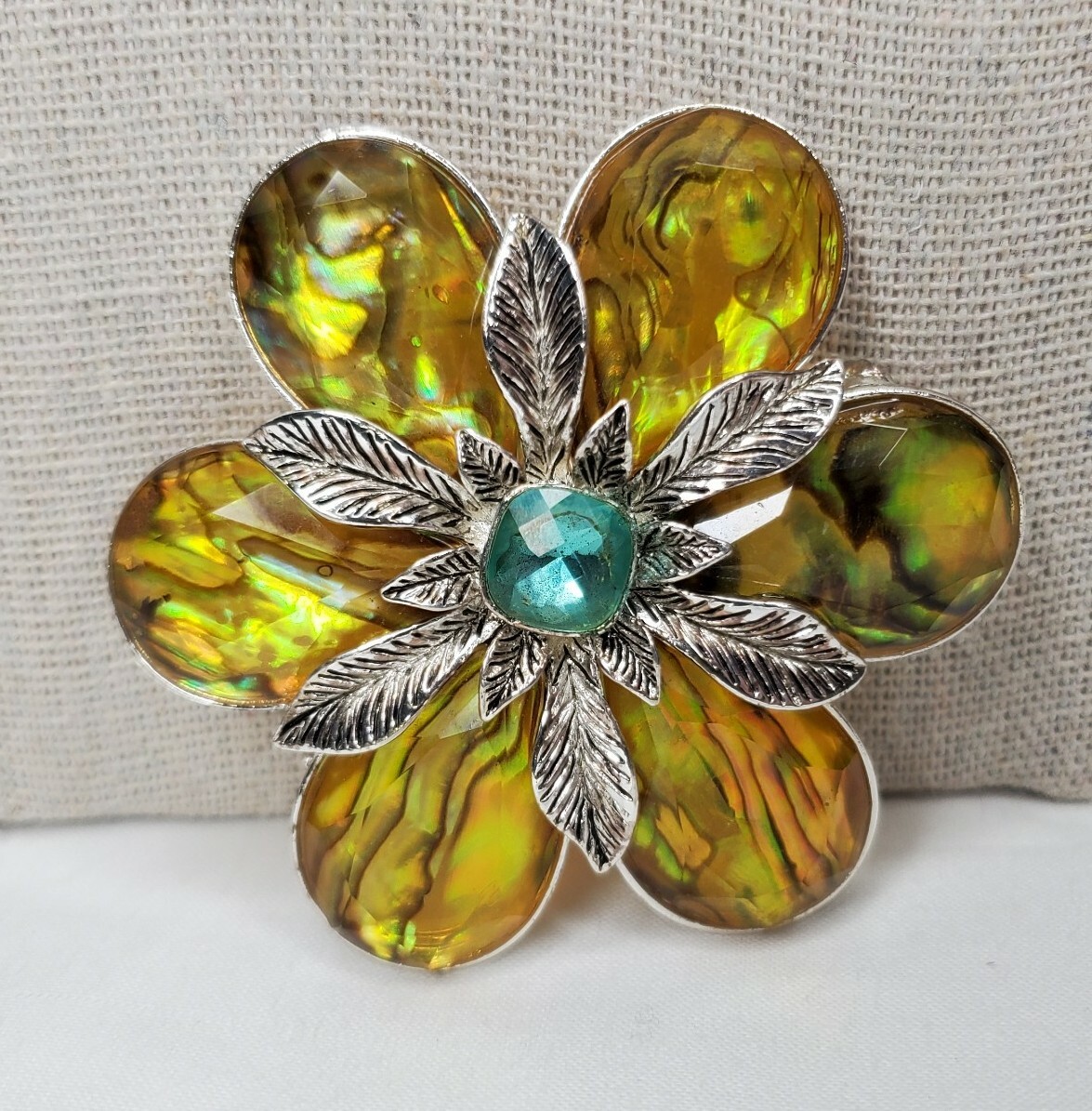 Vintage Monet Flower Brooch Yellow Acrylic Turquoise Faceted Stone Silver Tone