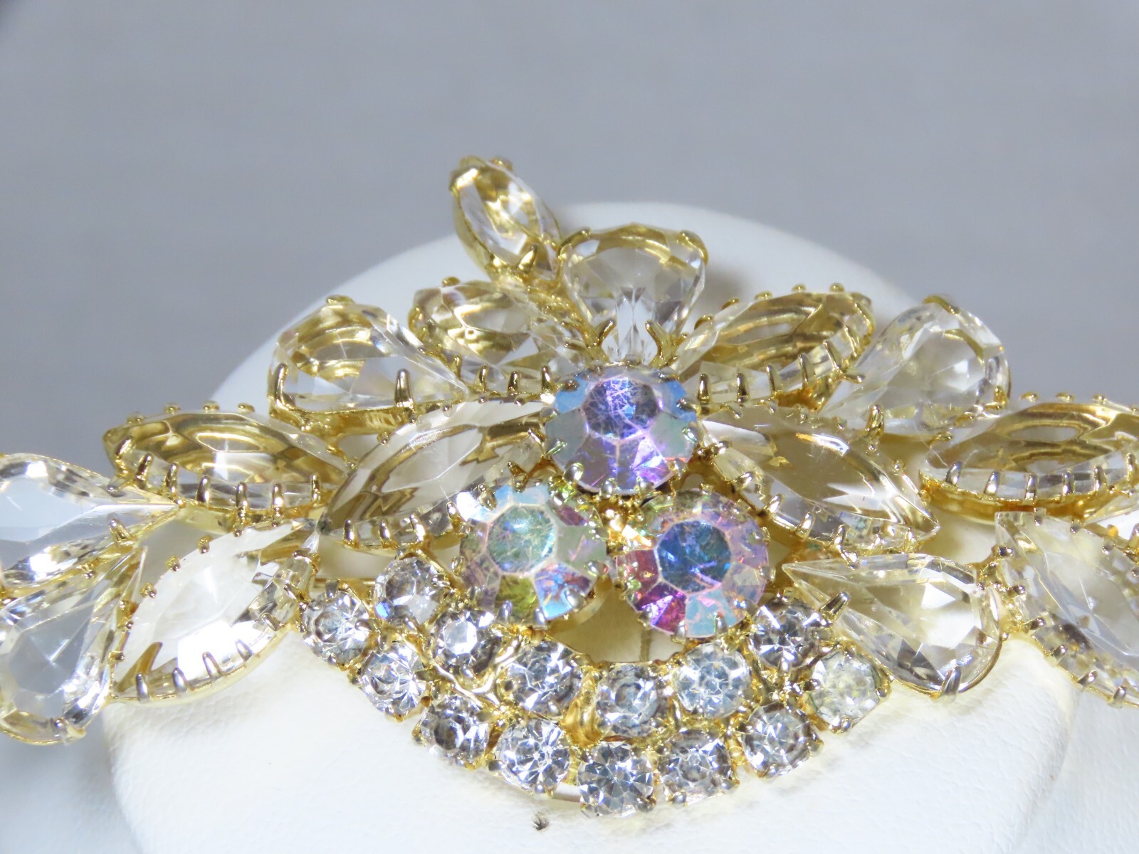 AB Rhinestone Brooch Pin VTG Clear Crystal Cluster Spray Prong Stunning D1580