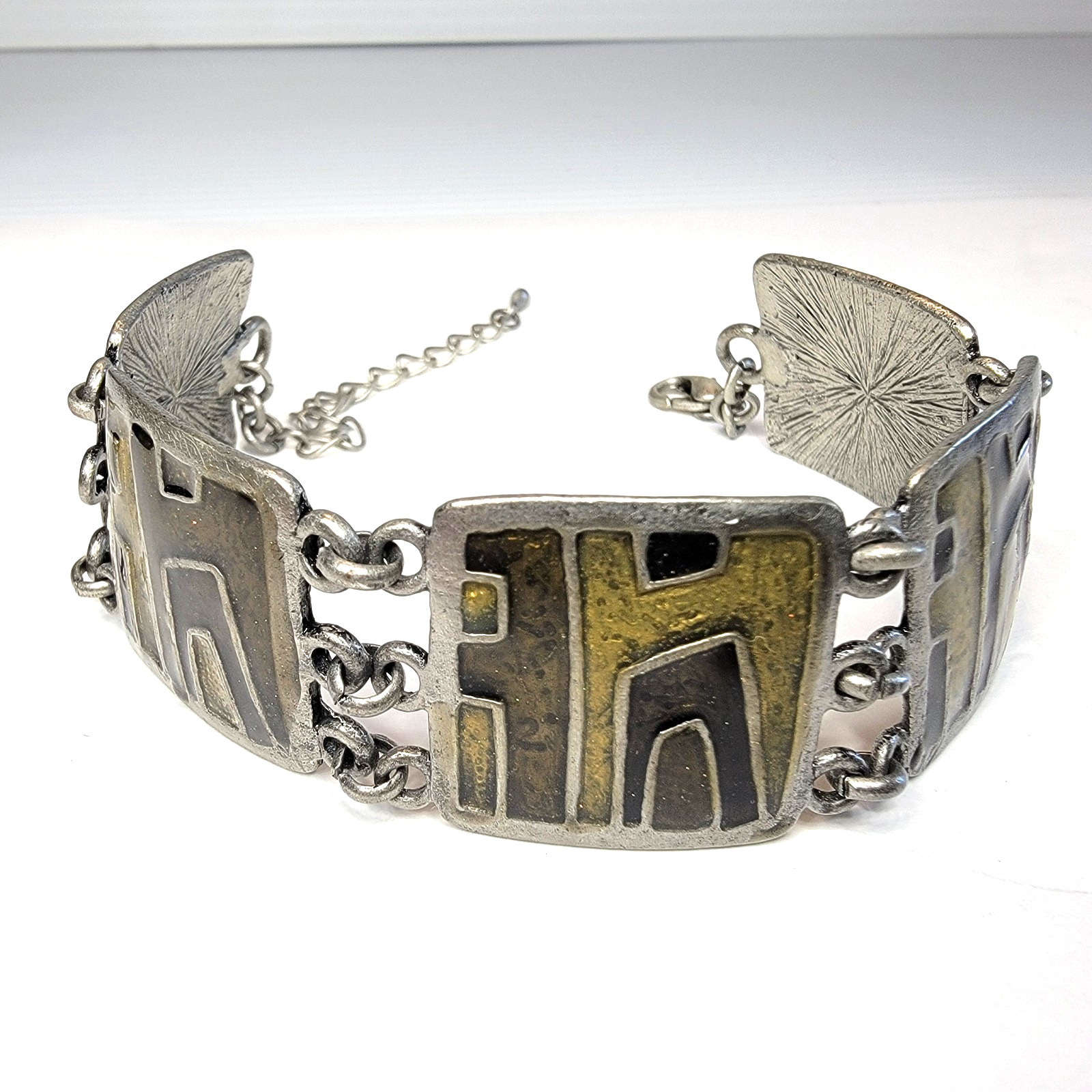 Vintage Modernist Silver Tone Link Y2K Bracelet Olivine Enamel Articulated Panel