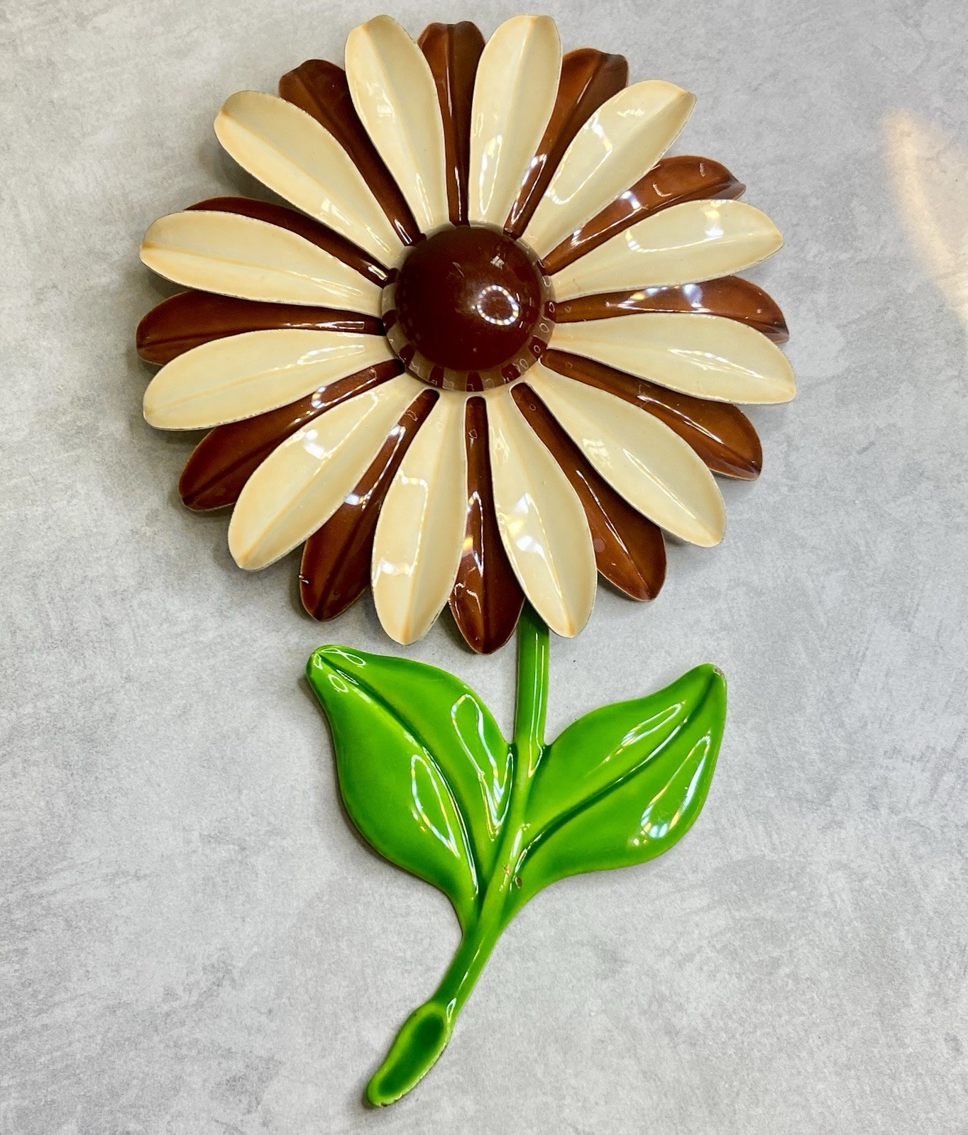Vintage 60s Brooch Enameled Daisy Flower Cream Burnt Orange 4.25”