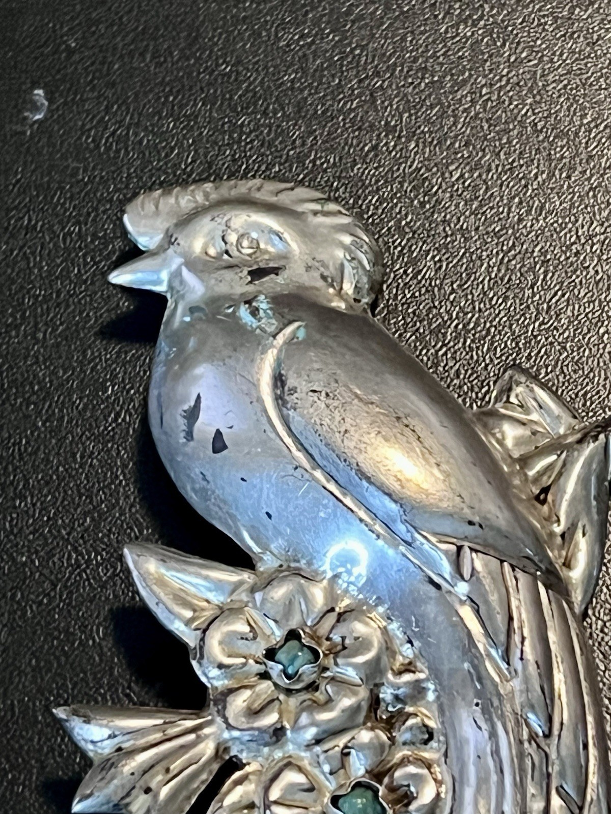 Vintage Sterling Silver Turquoise Beads Parrot Bird Brooch Mexico 4.5″!