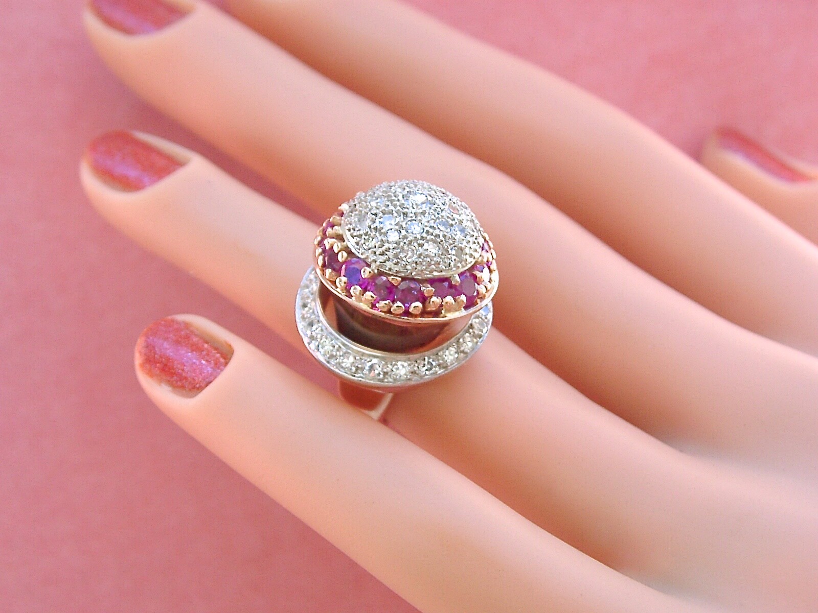 VINTAGE RETRO 1.38ctw DIAMOND 1.23ctw RUBY ATOMIC SPACE COCKTAIL PINKY RING 1940