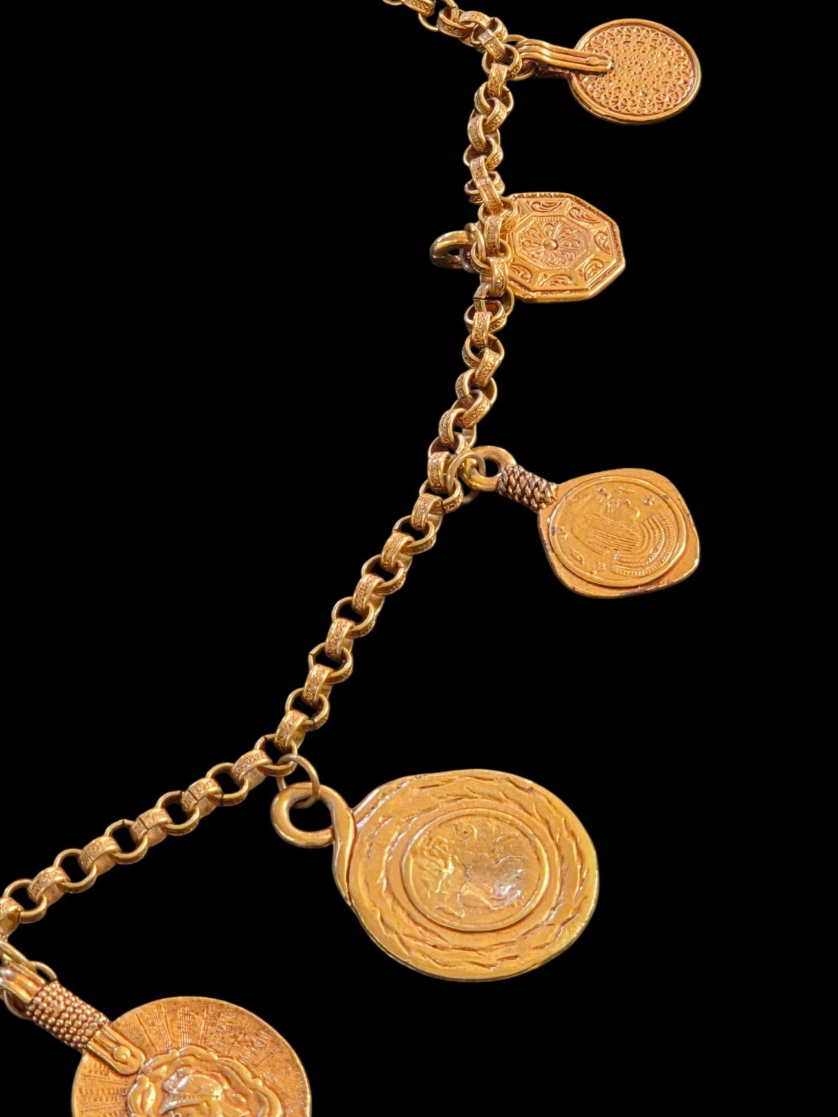 Vintage Statement Capri Greek Mythology Coin Pendants Rolo Chain Link Necklace
