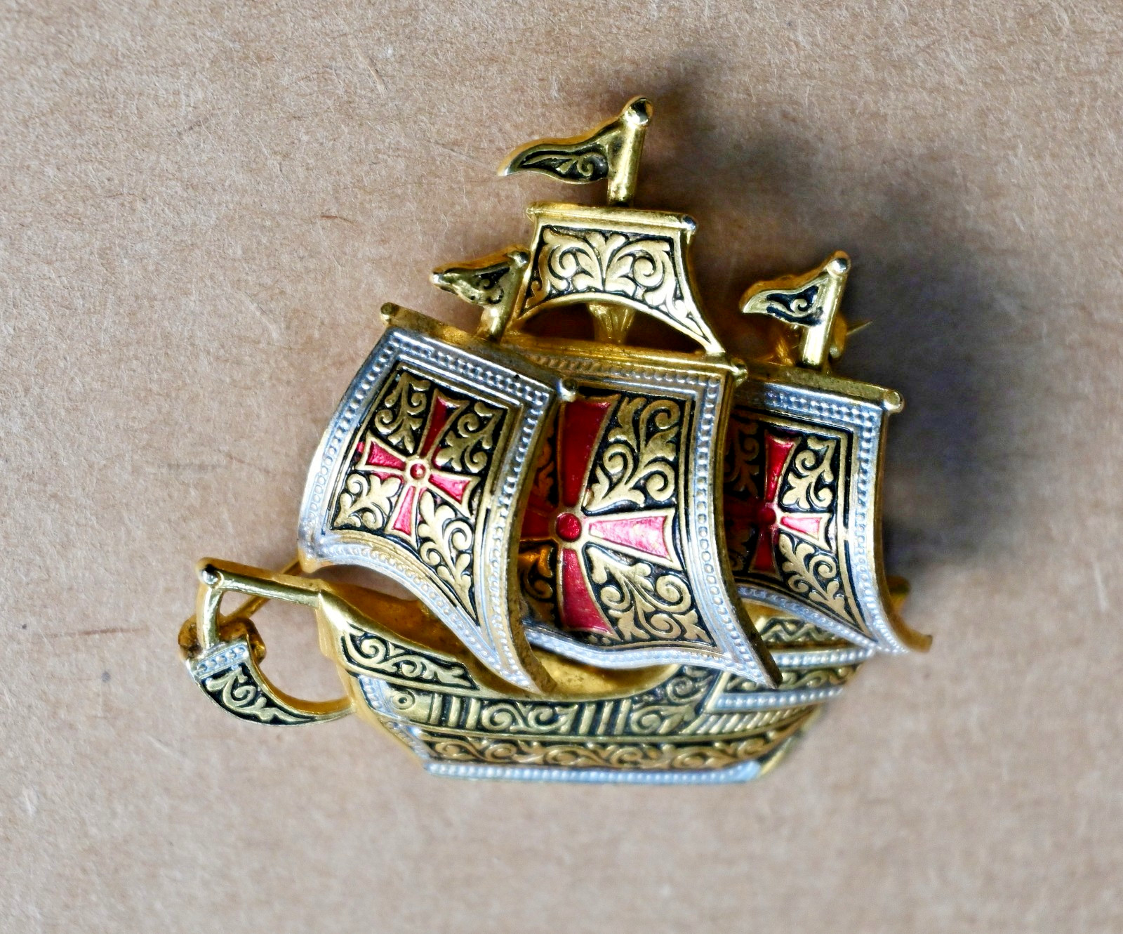 Spanish Galleon Sailing Ship Damascene Brooch Vintage Pin Enamel Made in Spain