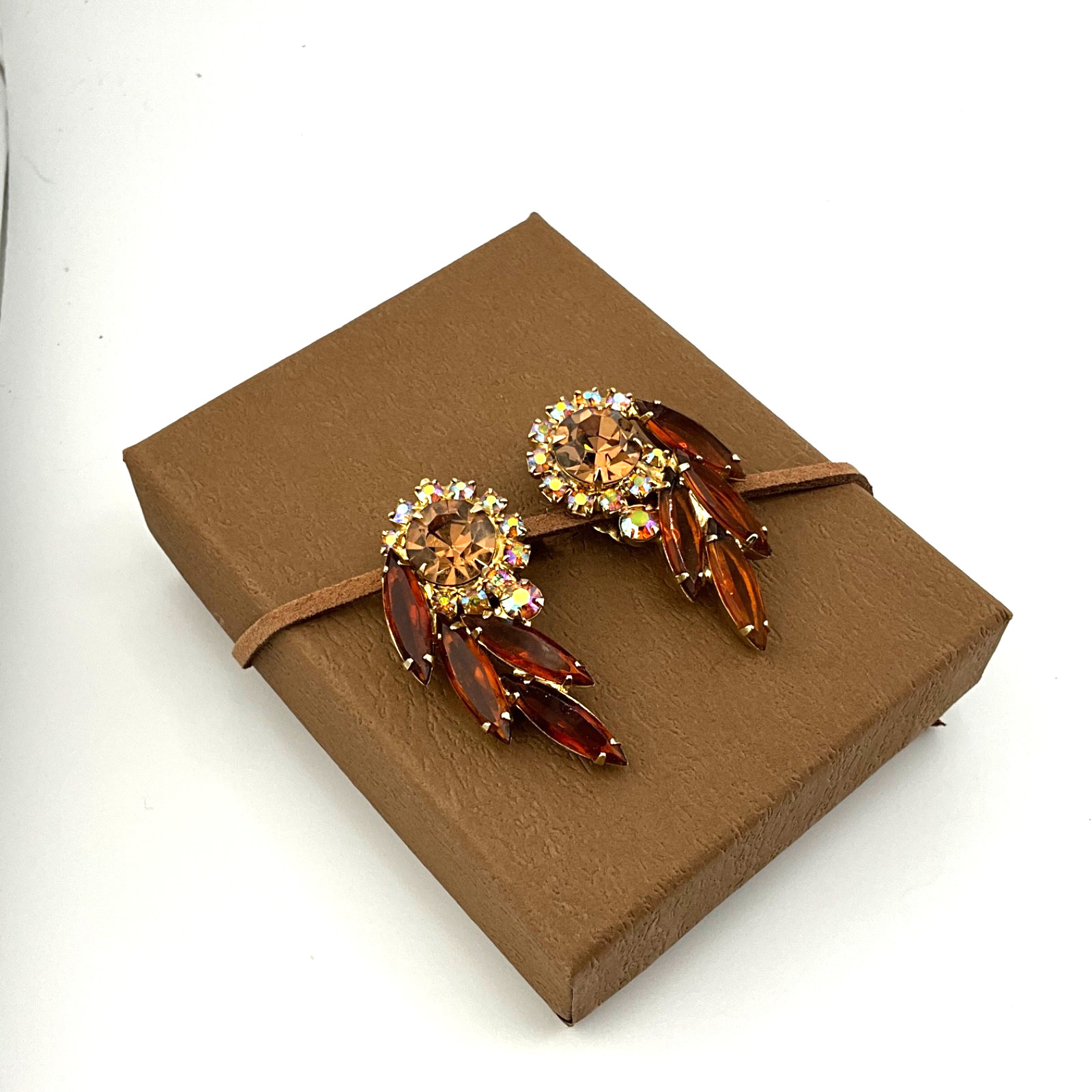 Vintage Mid Century Modern Crystal Clip Earrings Amber Navette Aurora Borealis