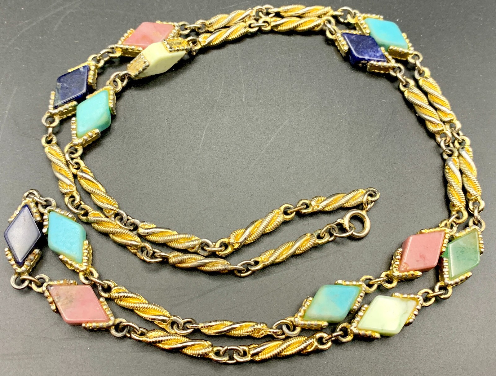Multi Gemstones Necklace Gold Tone Station Lapis Rhodonite Twisted Bar Link Vtg