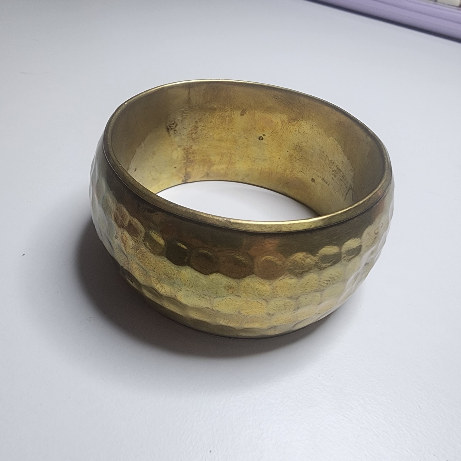 Vintage Chunky Wide Hammered Gold Tone Bangle Bracelet Statement Jewelry