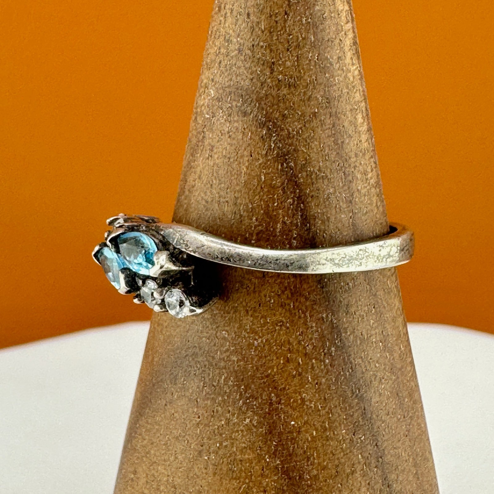 Vintage Sterling Silver Blue Topaz Ring Marquise Cut Dainty Size 6.75 Signed