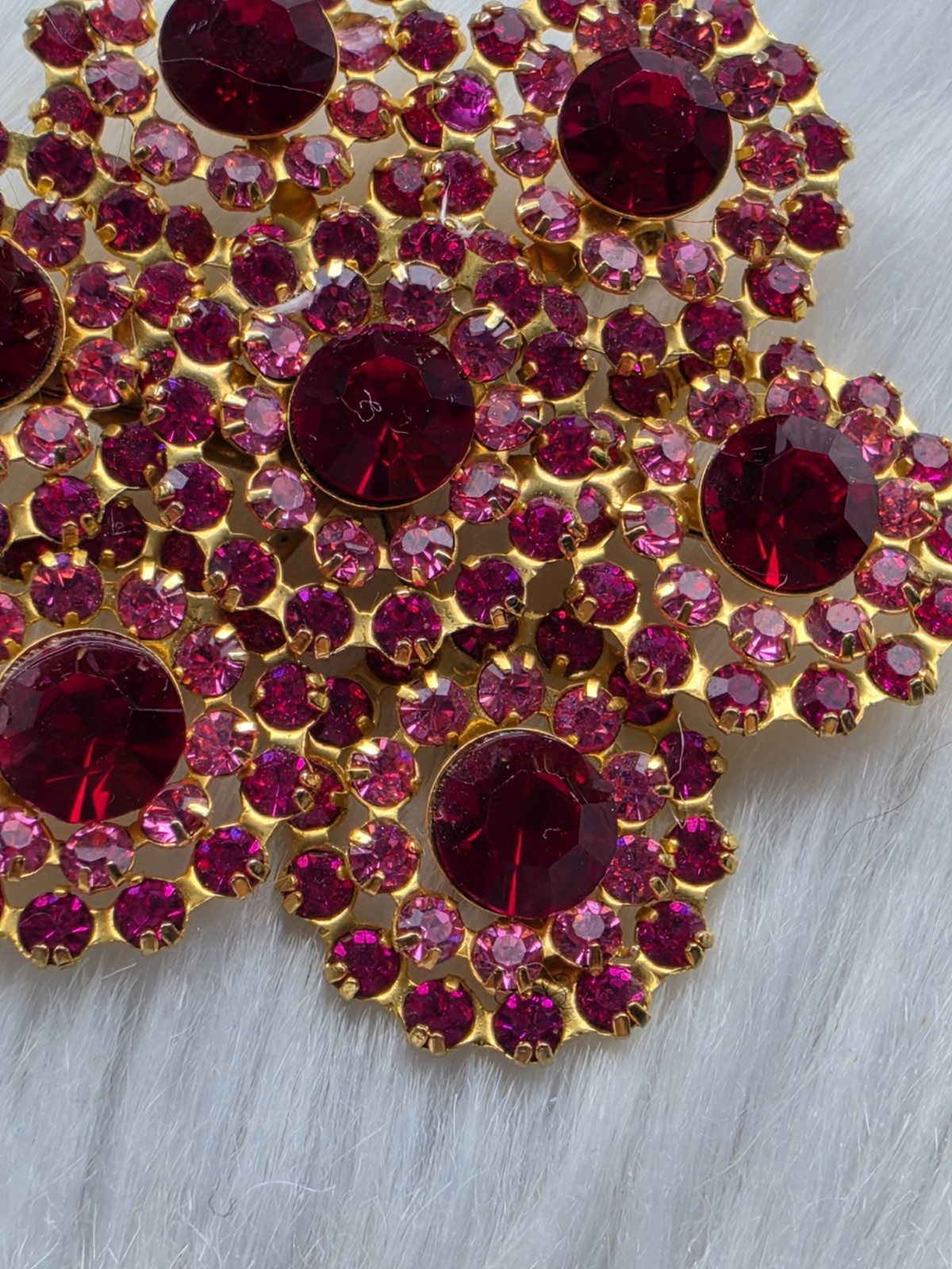 Vintage Mid Century Fuchsia Ruby Red Rhinestone Cluster Flower Brooch Floral