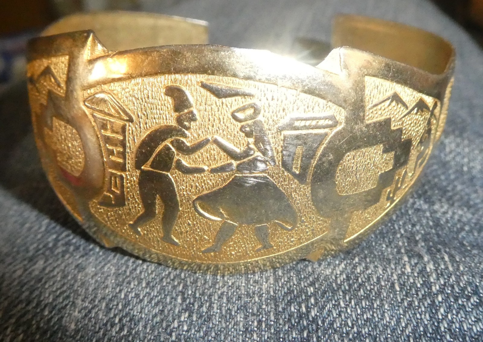 Inca Revival Brass Cuff Bracelet Gold tone Vintage