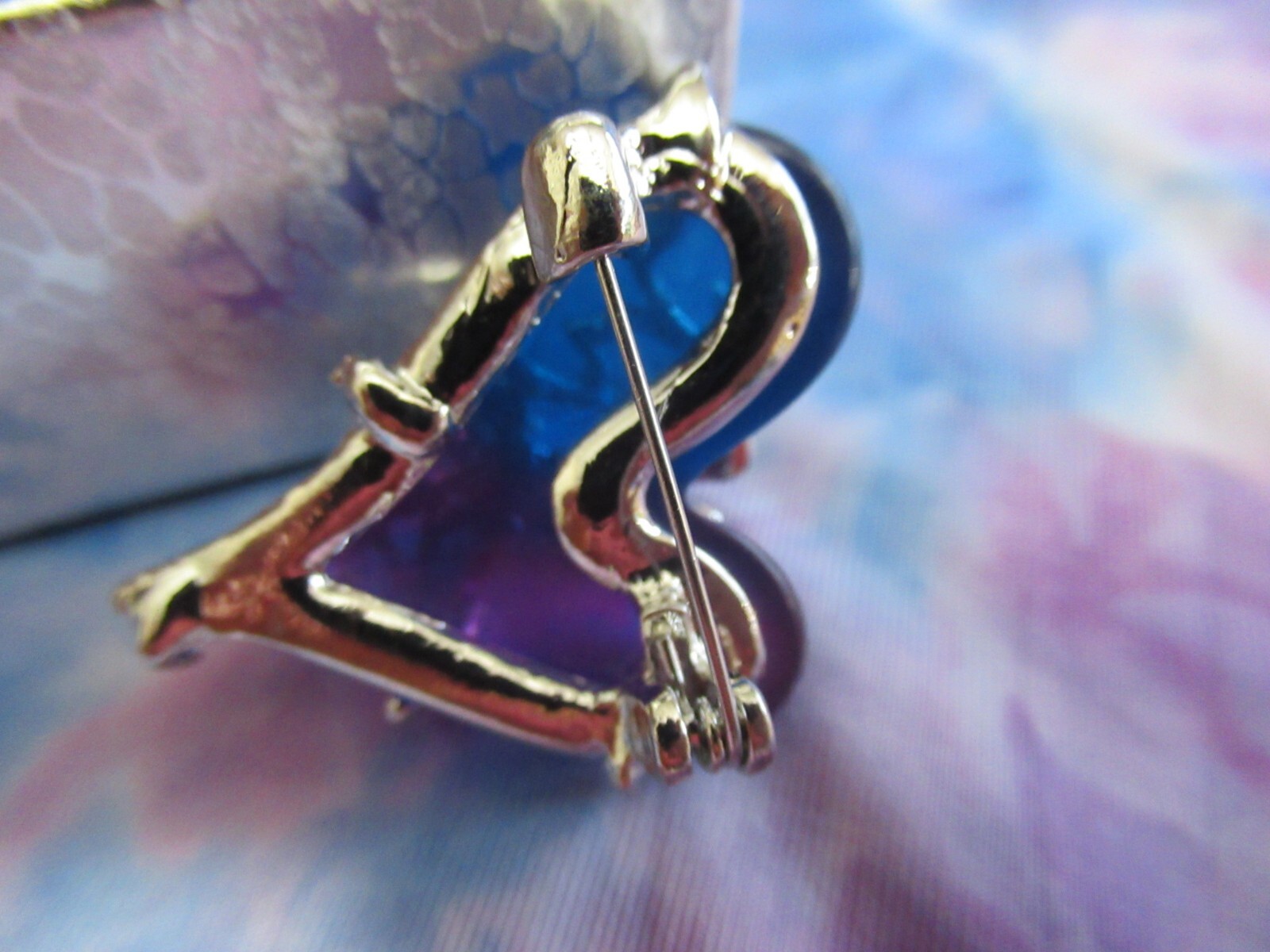 Gripoix Style Heart Brooch Purple & Blue Cabochon Silver Tone NEW