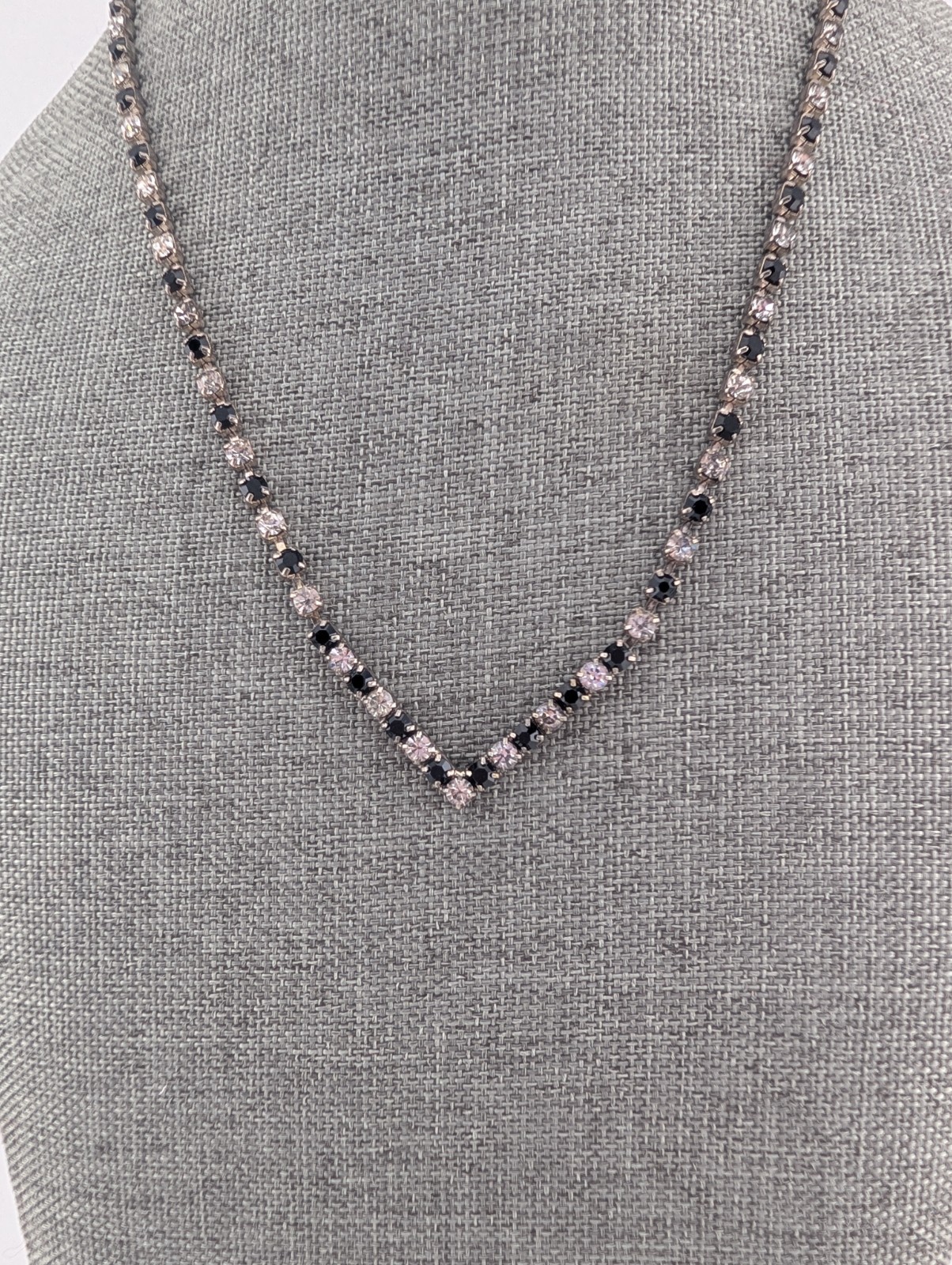 Vintage Silver Tone White & Black Glass Rhinestone V Point Necklace