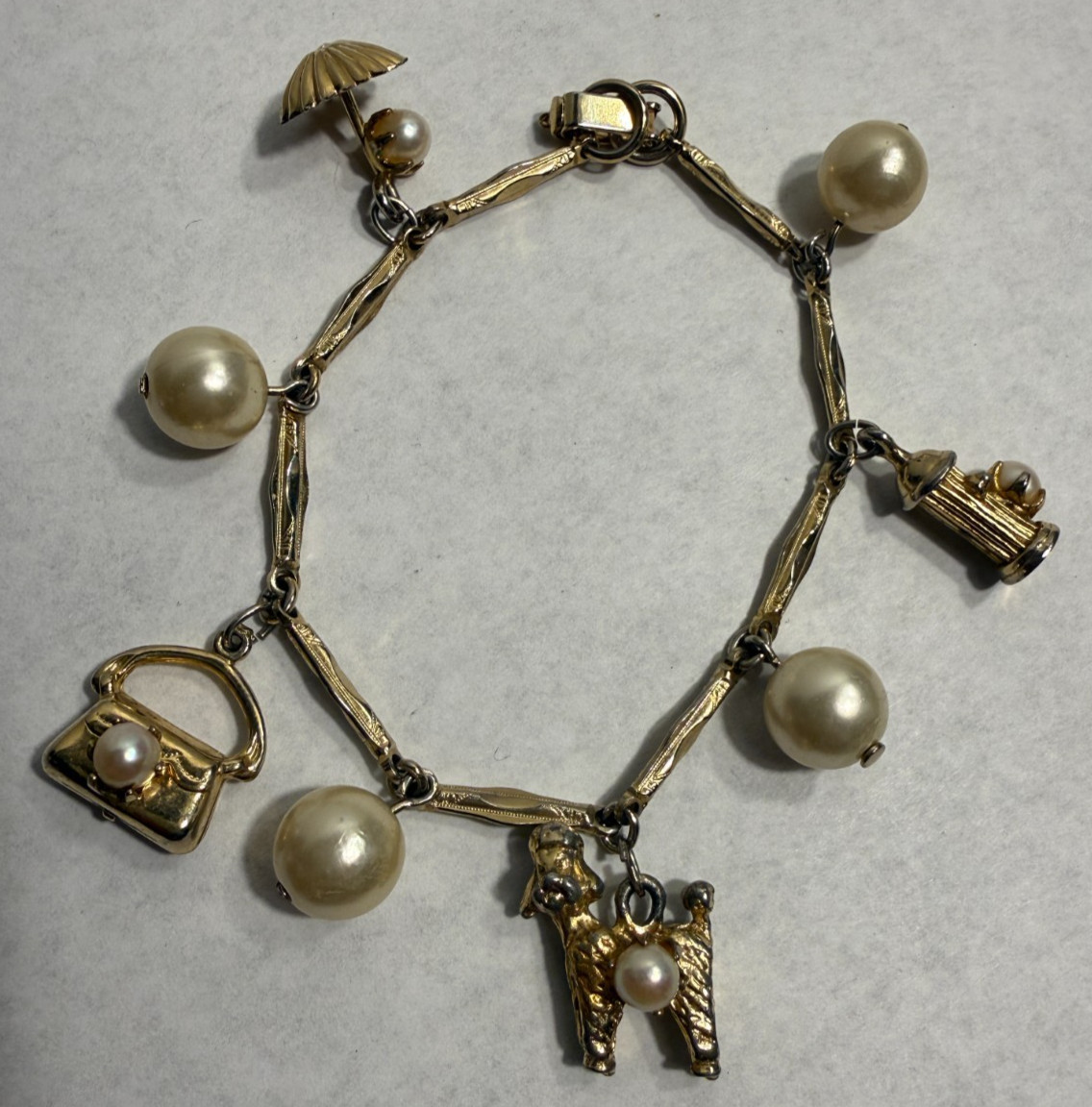 Vintage Gold Tone Poodle Umbrella Purse Hydrant Faux Pearls Bracelet