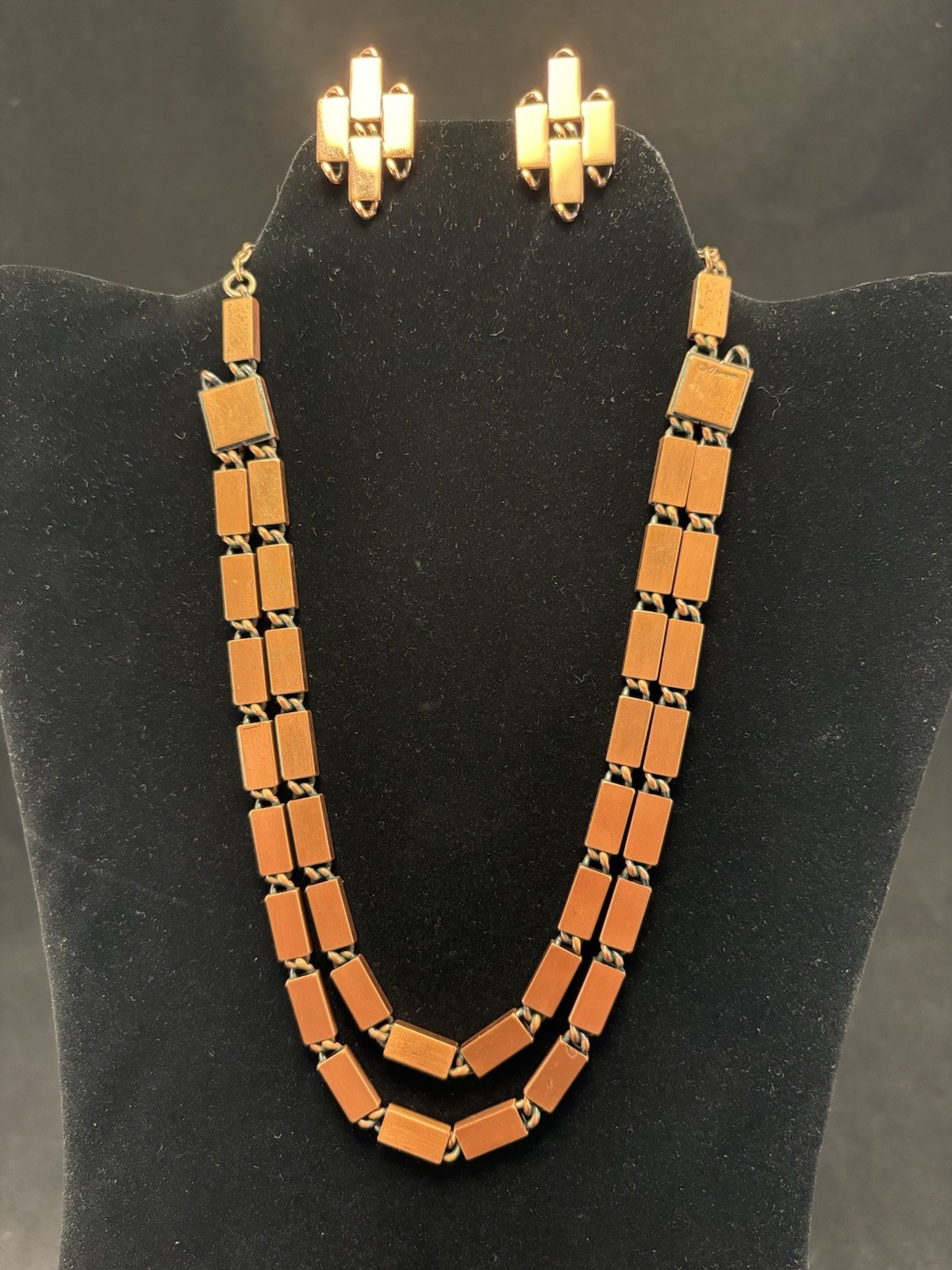 Vtg Renoir Copper 18” Rectangular Links Choker Double Necklace Clip Earring Set