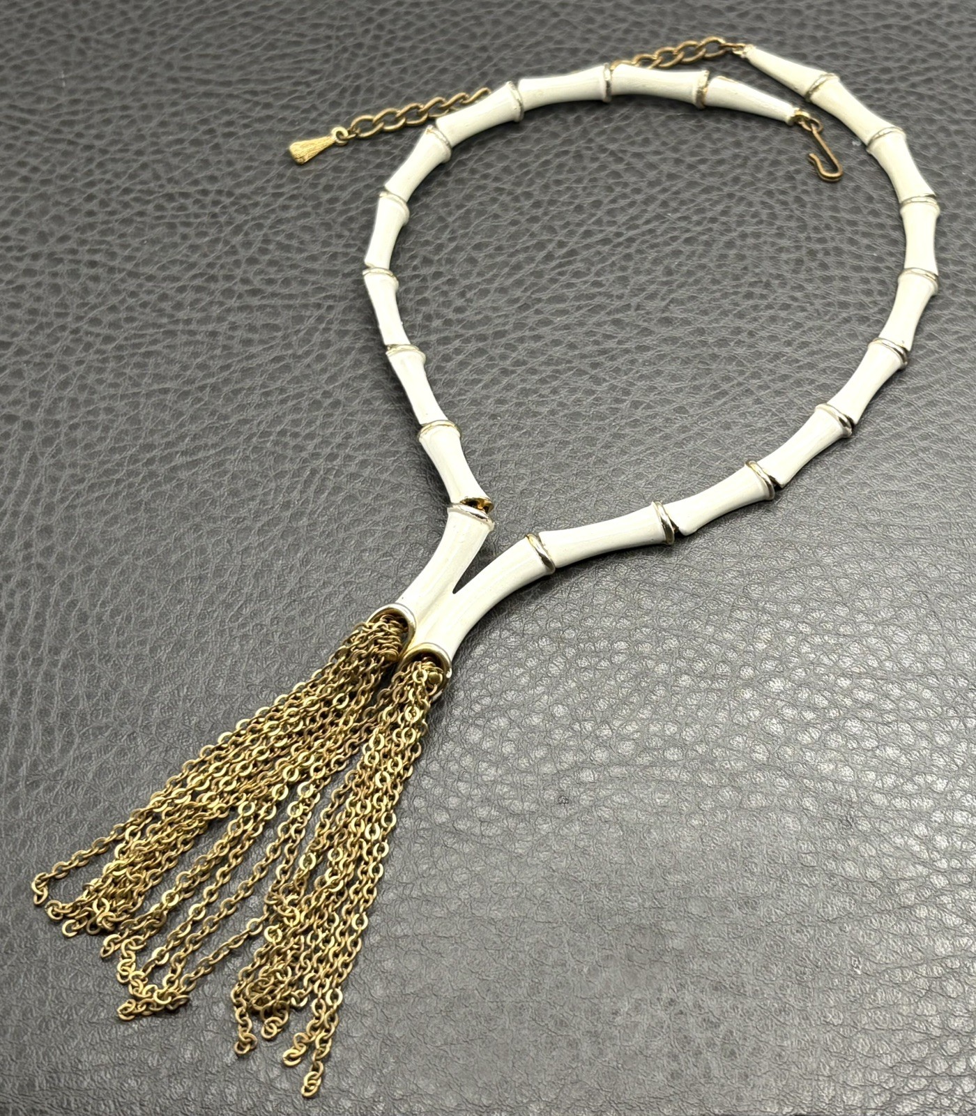 Vintage Unique Chain Tassel Bamboo White Enamel Fringe Drop Estate Necklace