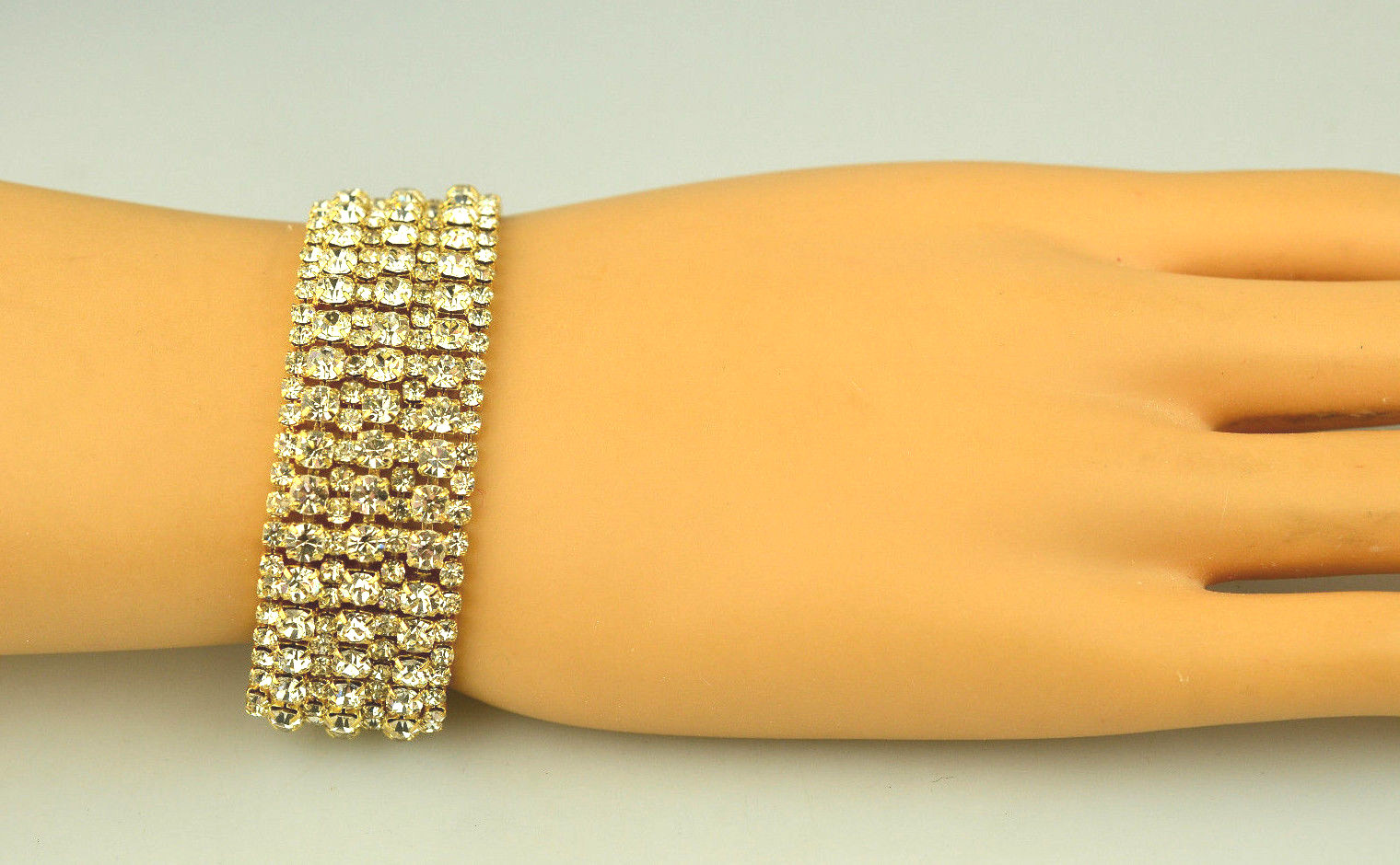 VINTAGE 3/4 INCH WIDE 7 ROW PRONG SET 2 SIZES RHINESTONE BRACELET 7 3/8″ LONG