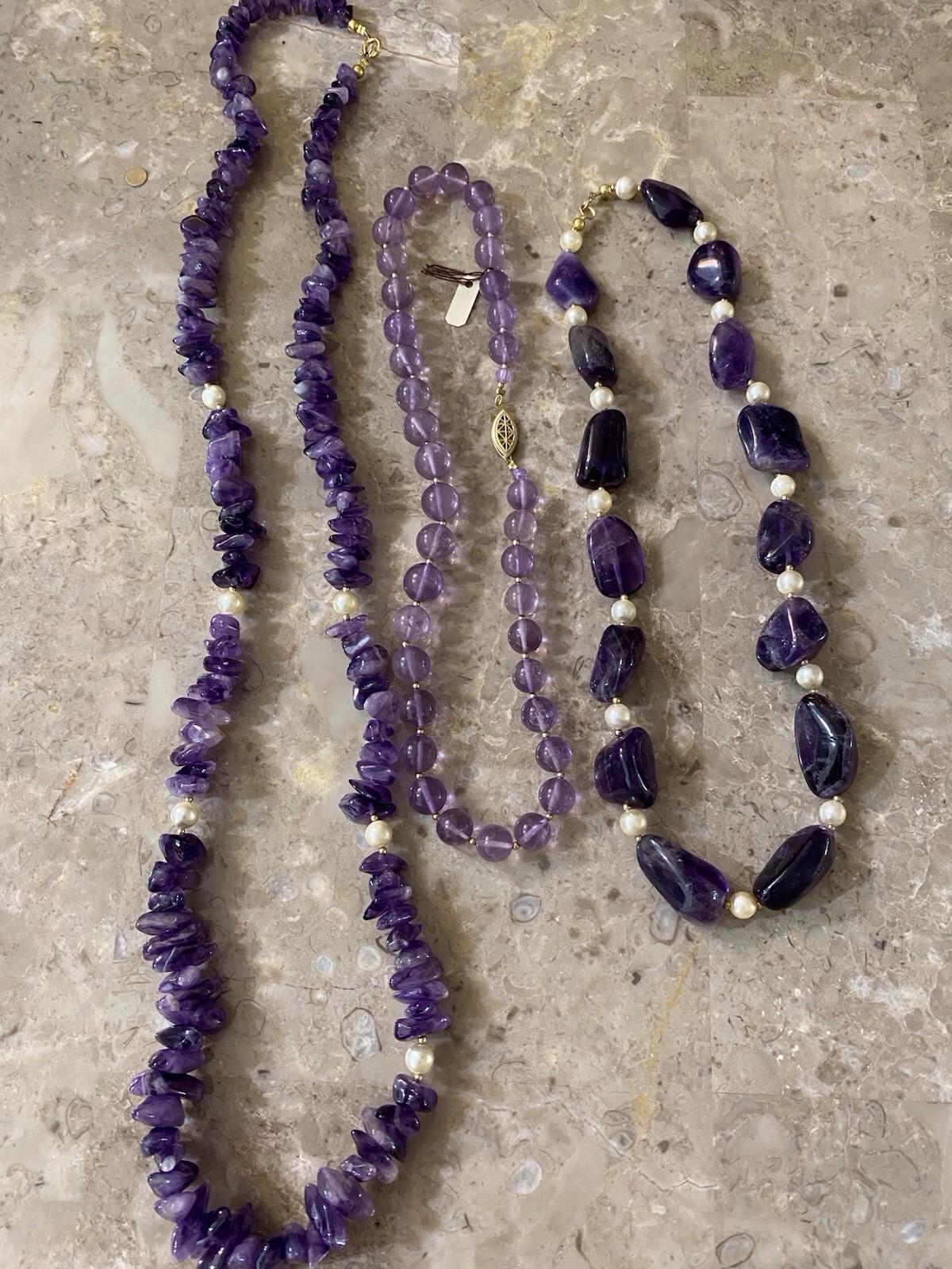 Lot Of 3 Genuine Vintage Amethyst Bead Necklaces
