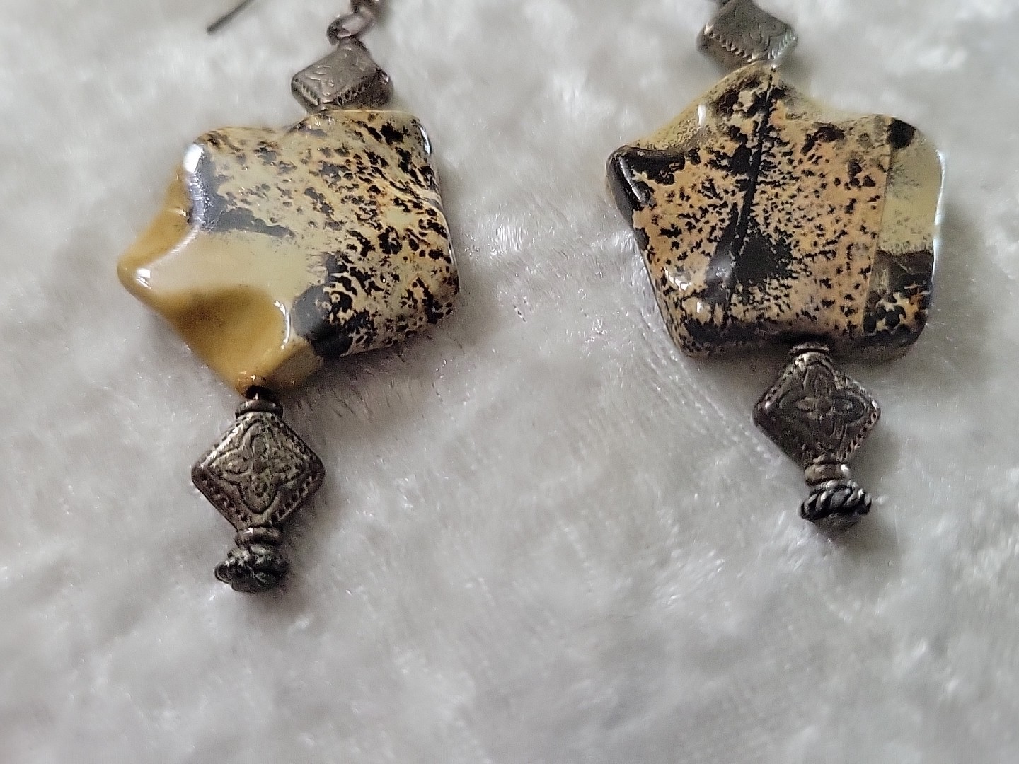 Vtg Silver Jasper Pierced Dangle Hook Earrings