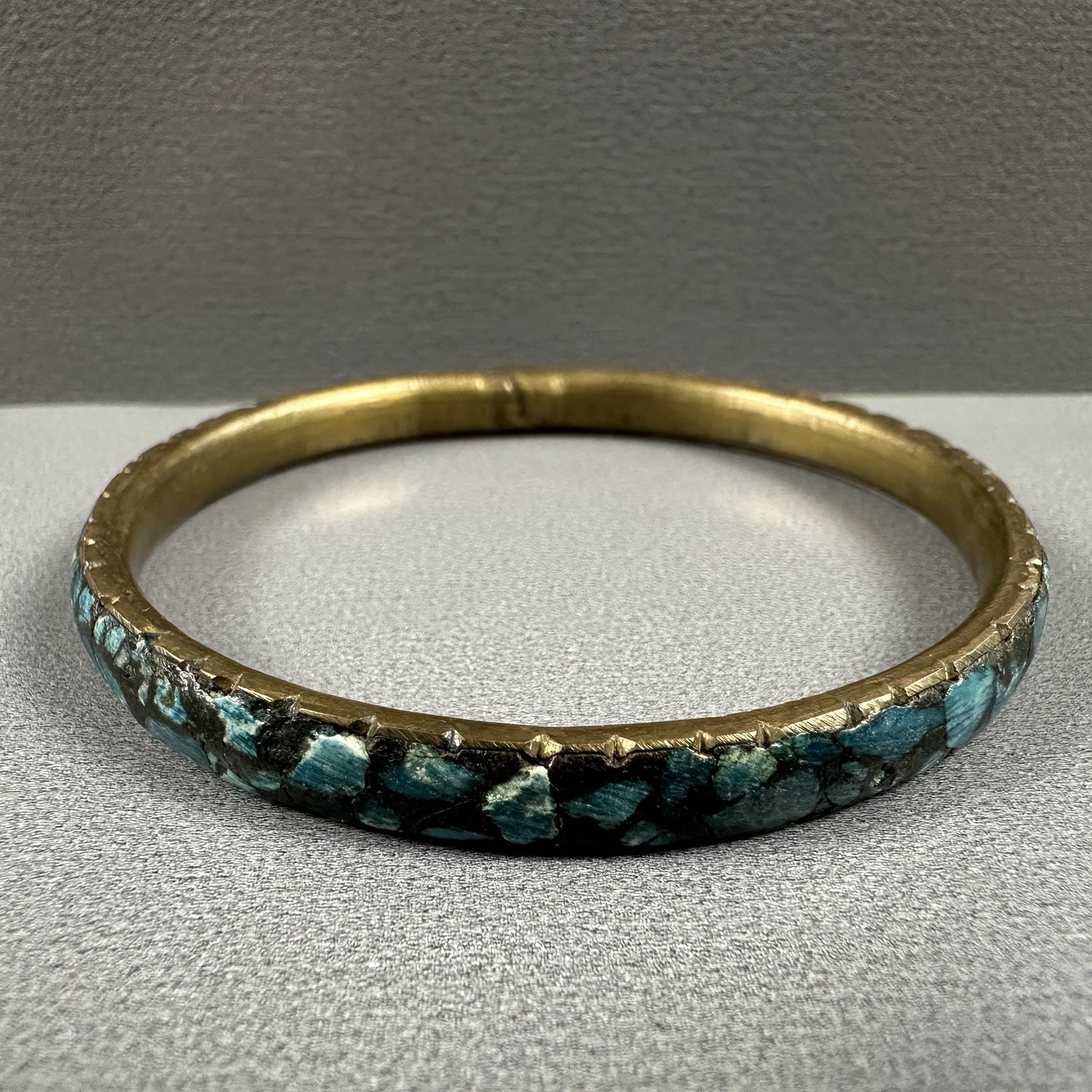 Vintage India Bangles Bracelet Mosaic Stone Brass Blue Green Inlay Set of 2