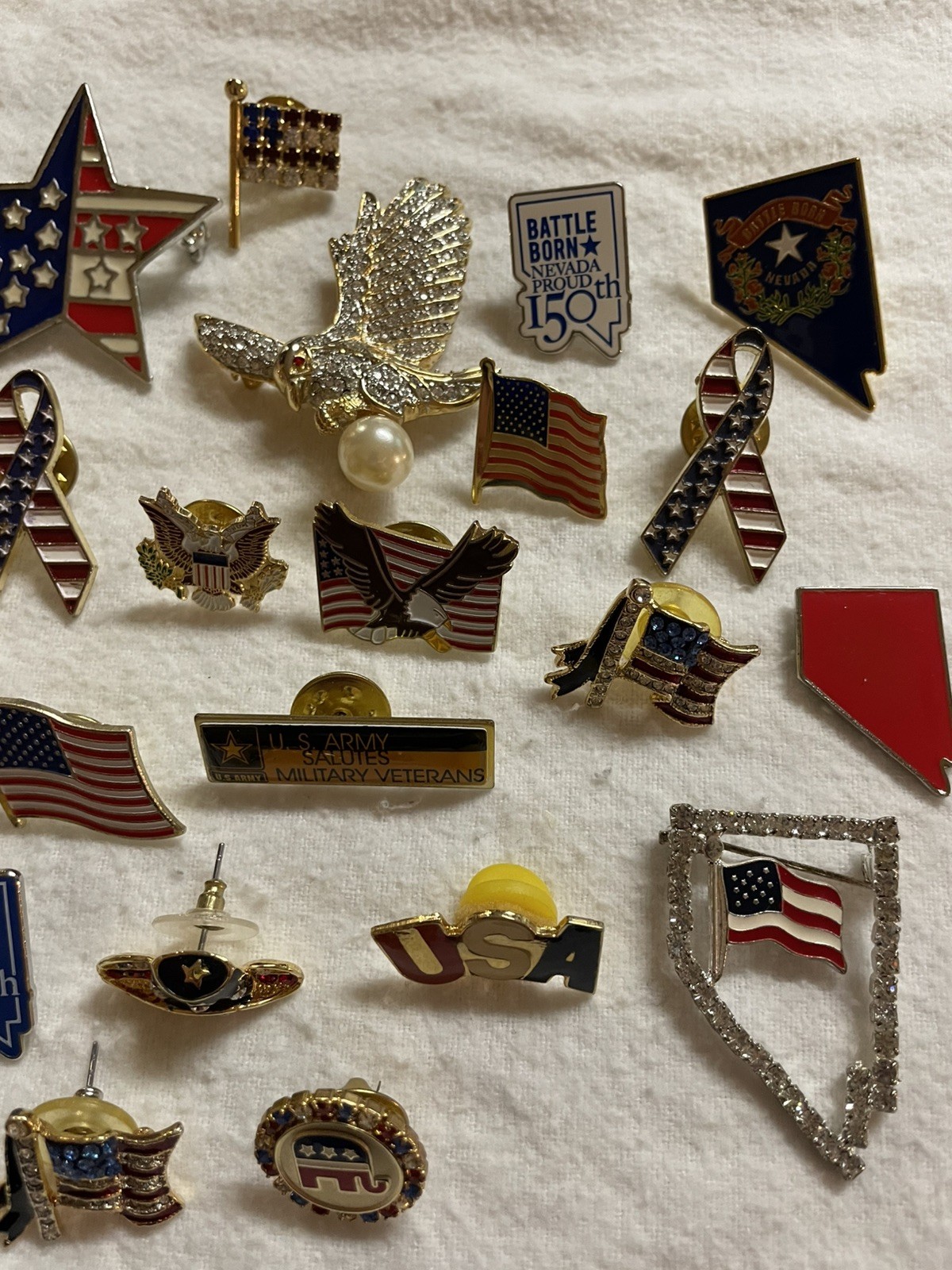 Large Lot Pin Flag Stars Stripes Ribbons Cowboy Hats Eagle Nevada USA Patriotic