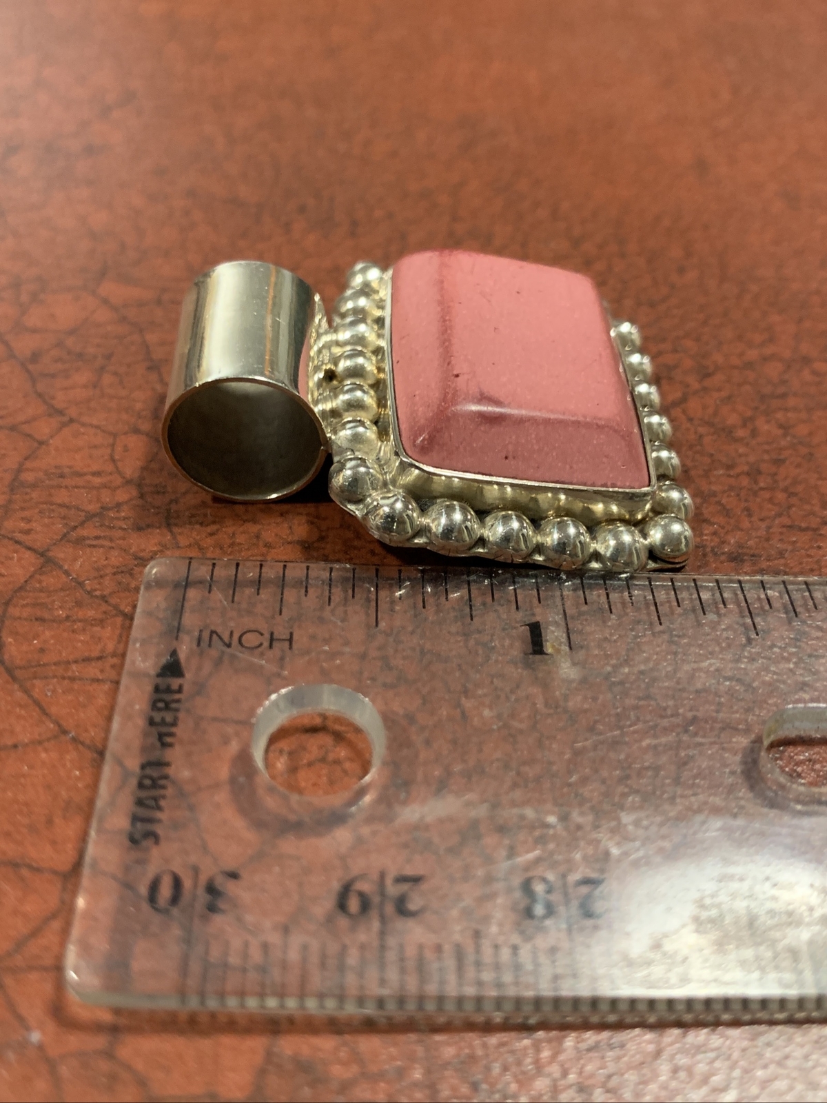 Polished Pink Stone Sterling Silver Rectangular Statement Necklace Pendant
