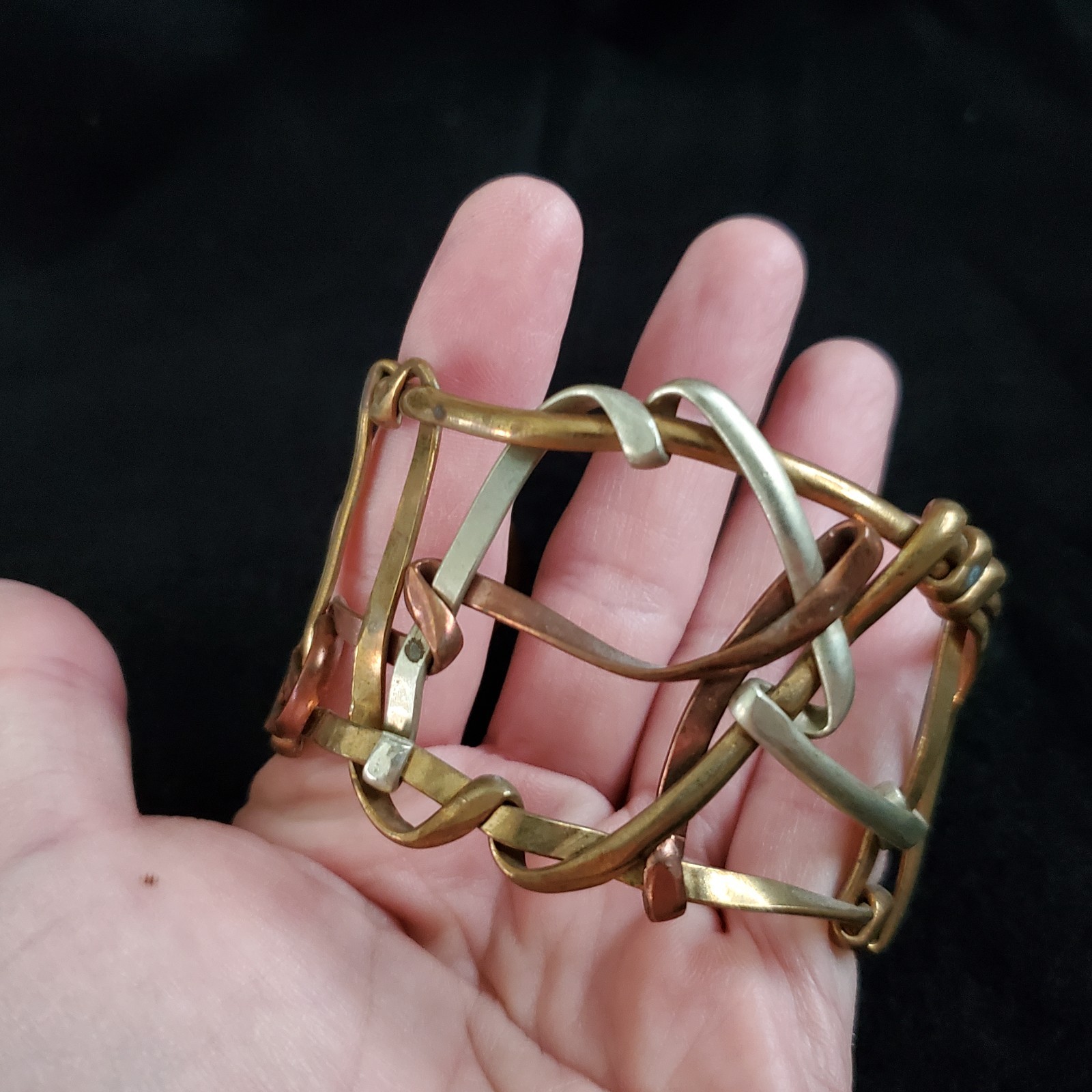 Vintage Artisan Cuff Bracelet Brutalist Mixed Metals Gold Tone Weave 1.75″