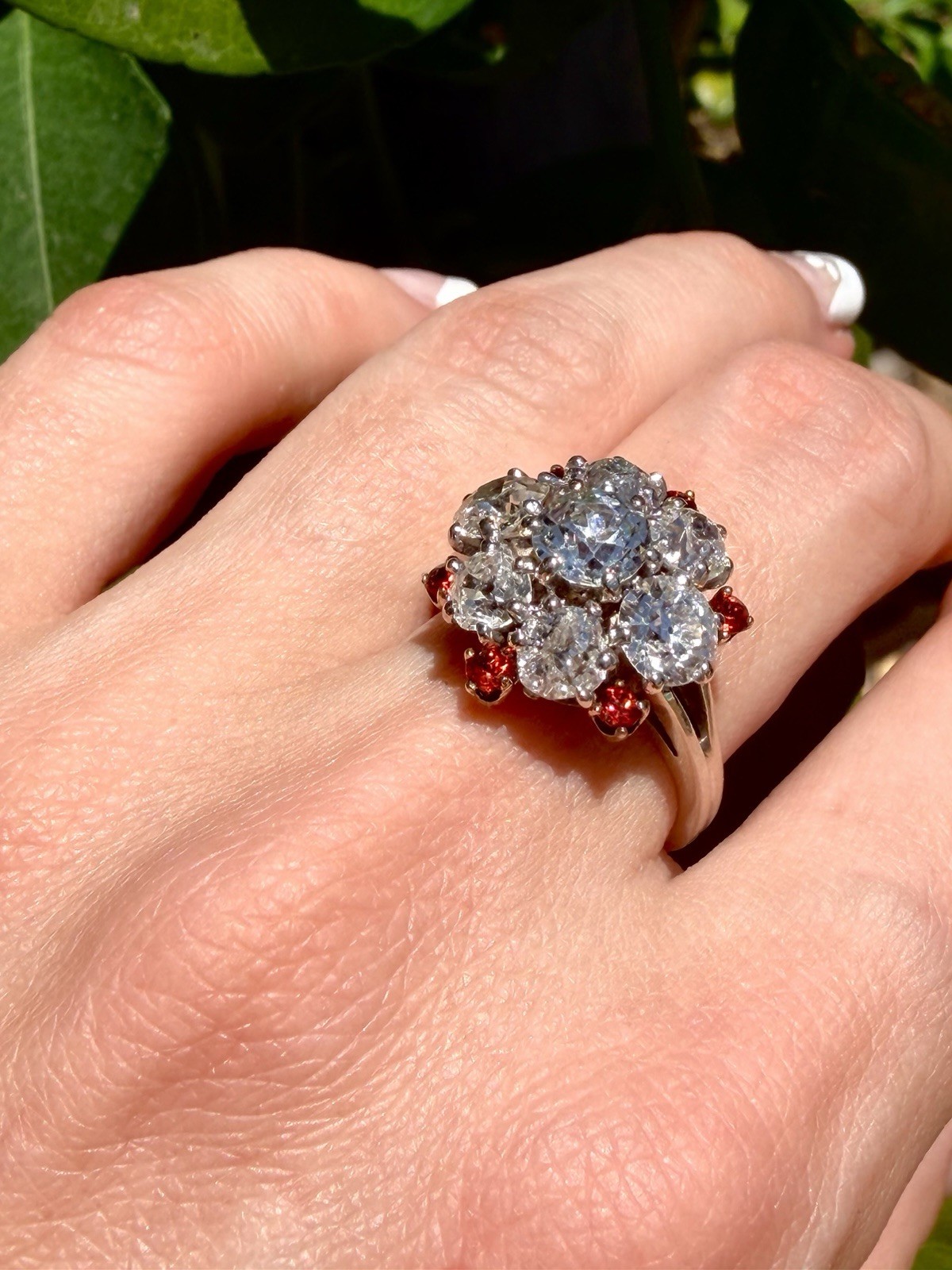 Rare Edwardian 4.43ct Old European Mine Cut Diamond Orange Sapphire Cluster Ring