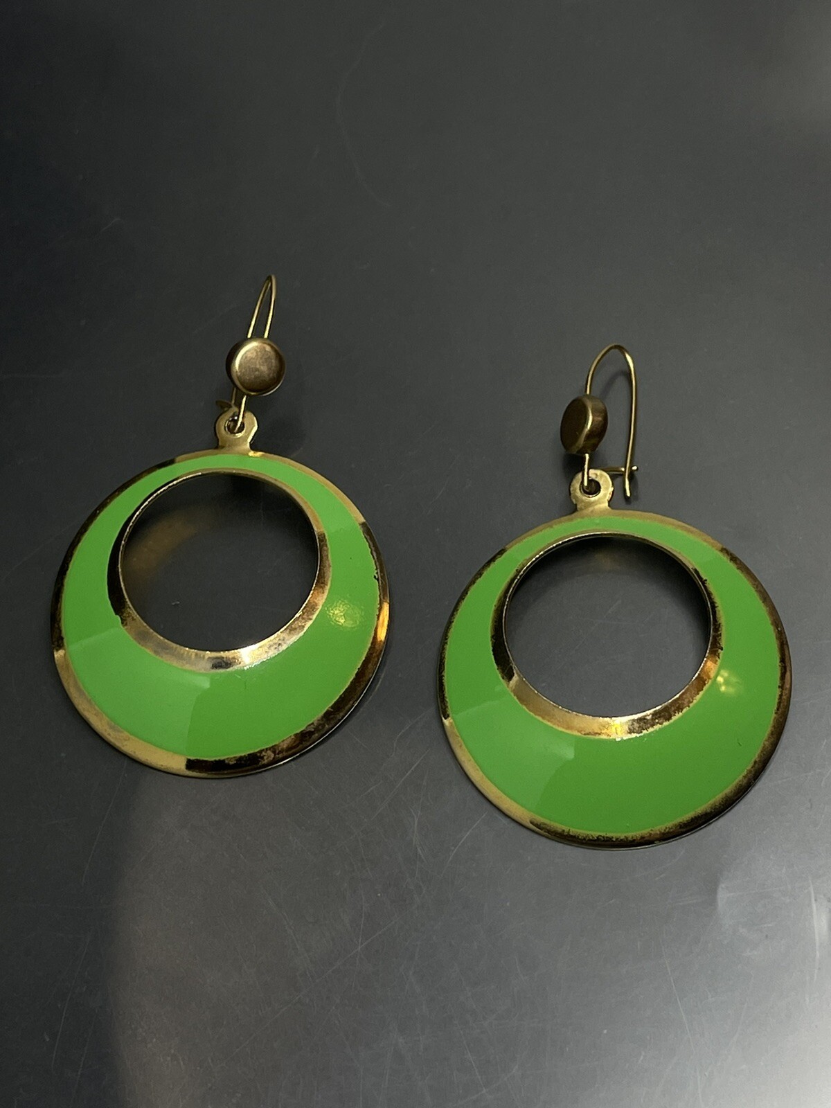 Vintage Gold Tone Green Enamel Hoop Dangle Drop Fishhook 1.8” Retro Earrings