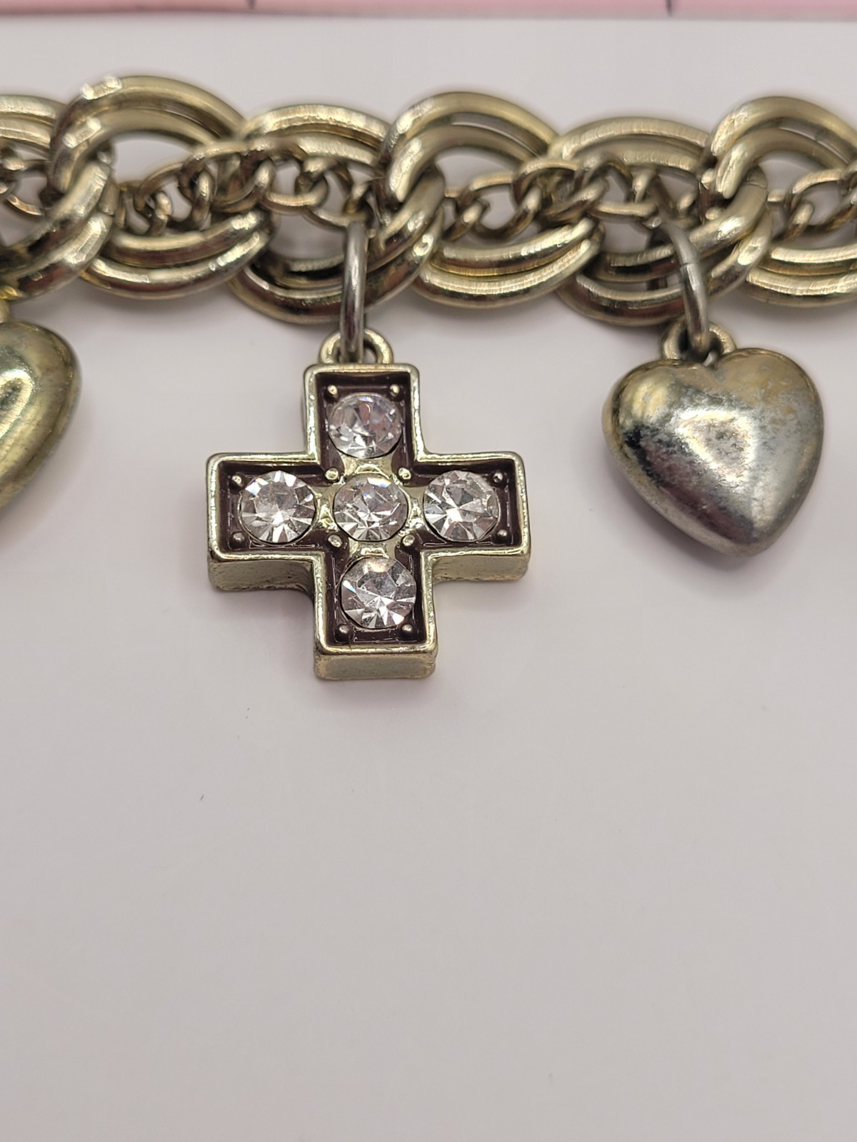 Punk Retro Gwen Skulls Hearts Crosses Charm Necklace Gold Tone Crystals 18″