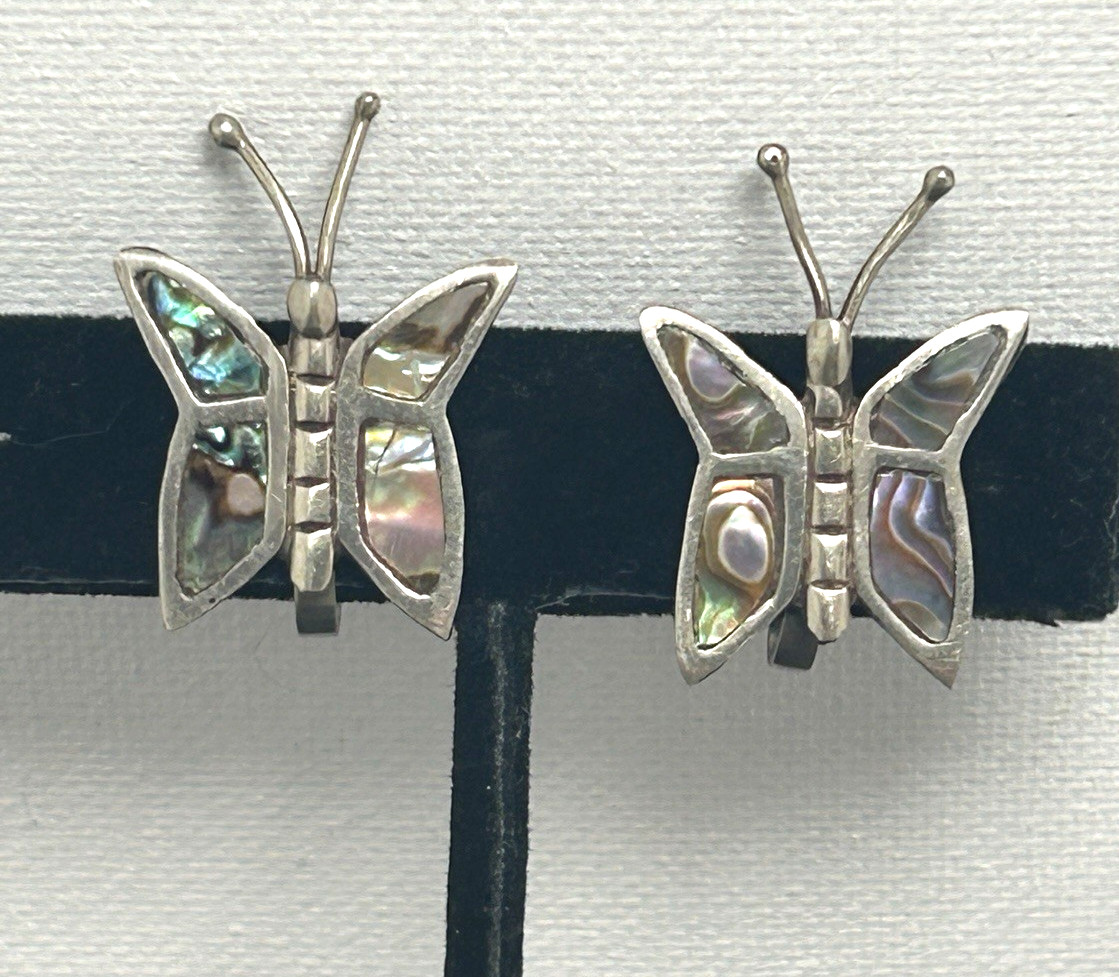 Vintage Mexico 925 Sterling Silver Abalone Butterfly Screw Back Earrings