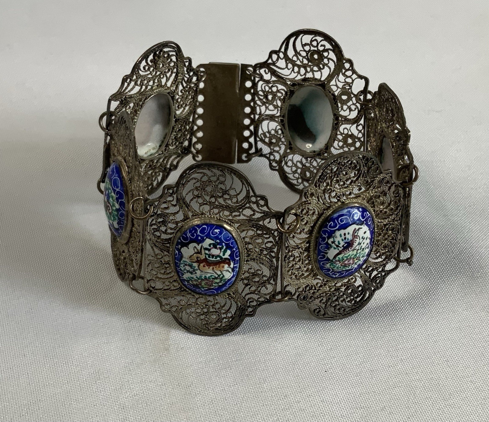 Vintage Chinese Silver Intricate Filigree Enamel Animals Plaques Story Bracelet