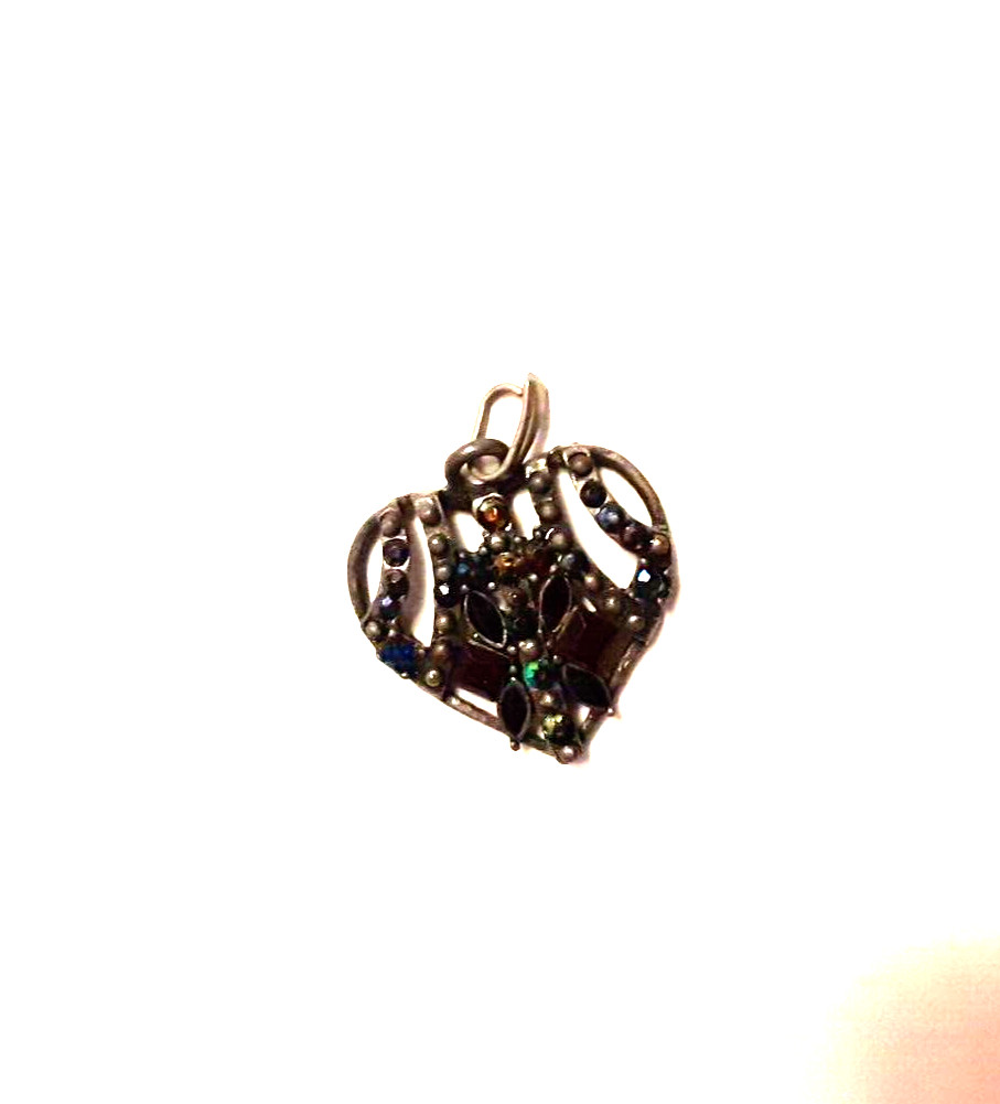 Vintage Pewter Openwork Pendant or Zipper Pull w/Enamel & Rhinestones