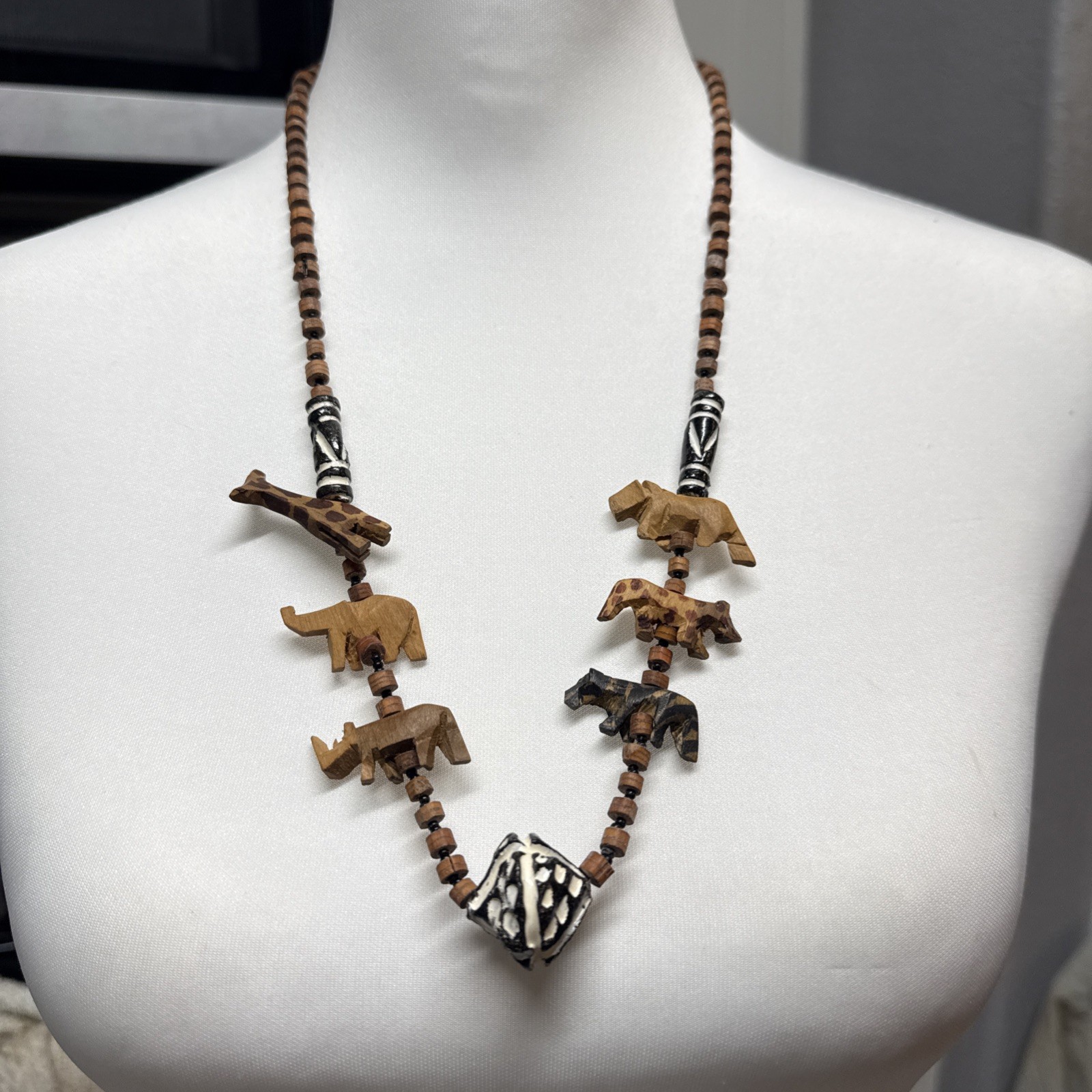 Vintage African Necklace Hand Carved Wooden Safari Animal Beads