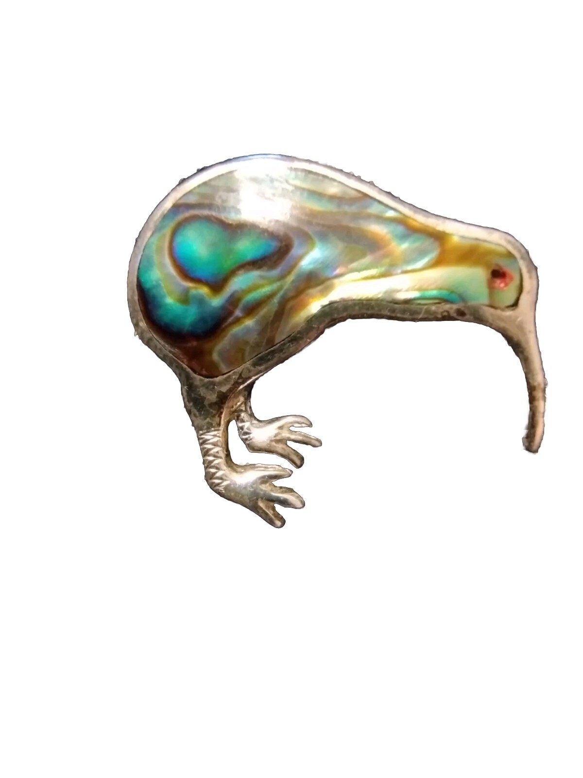 Sterling Silver New Zealand Kiwi Bird Abalone Shell Brooch Vintage Cute