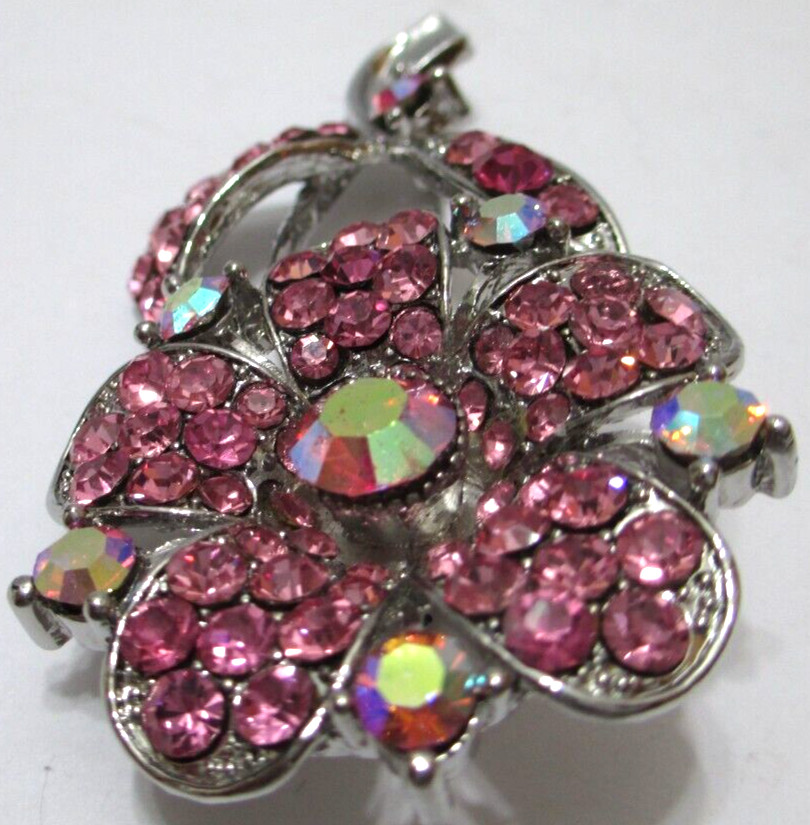 Vintage Unsigned Beauty Flower Brooch AB Pink Rhinestones Silvertone 2 1/2″ T