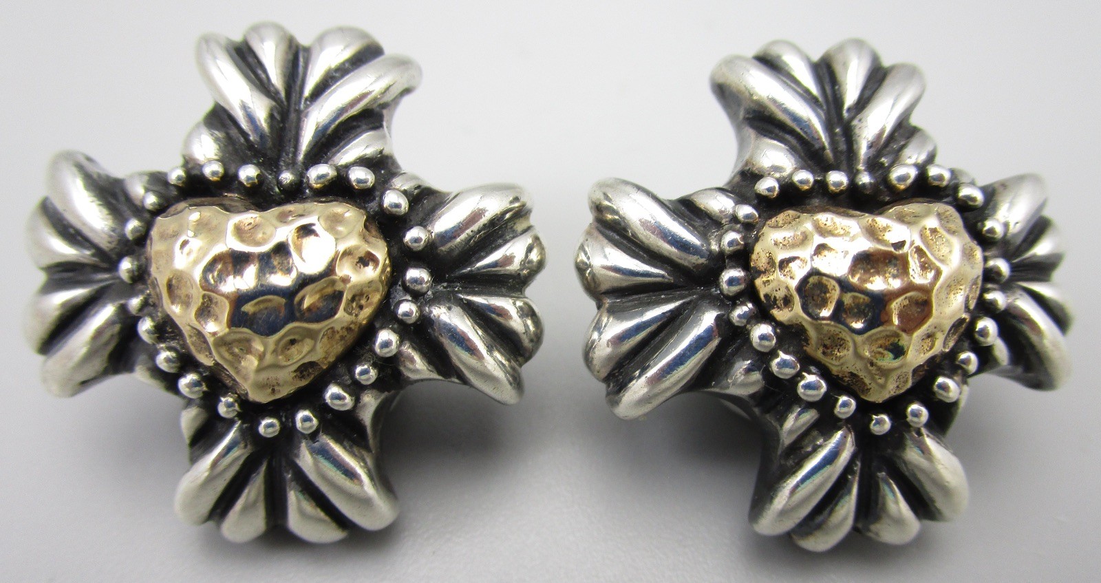 DIAN MALOUF STERLING SILVER CROSS W/ 14K HEART CENTERS CLIP ON EARRINGS 20.7G