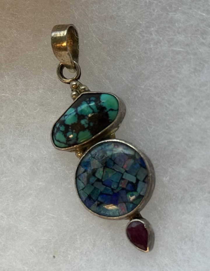 Vintage Sterling Silver Pendant W/ Turquoise, Opal Mosaic Inlay, Garnet 1.7 Inch
