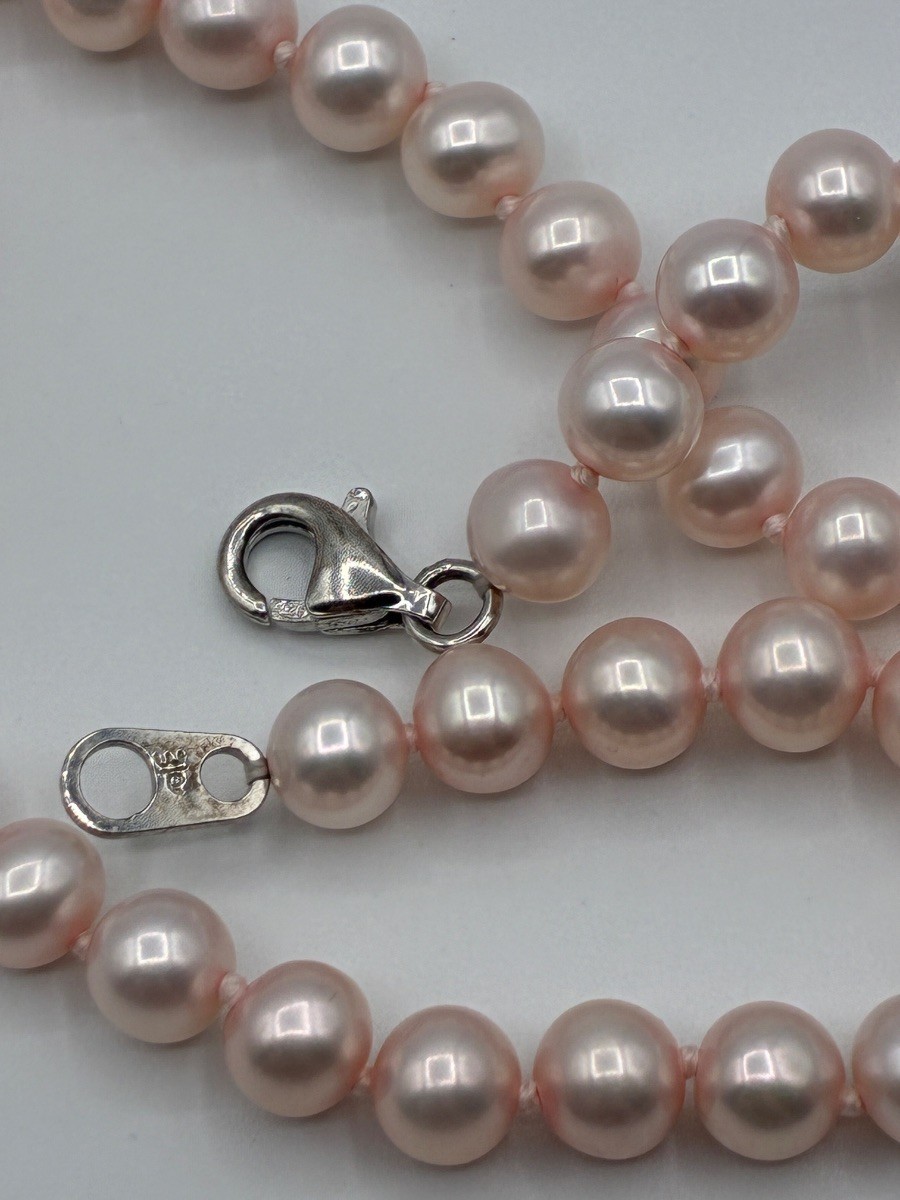 Vintage Pink Pearls Hand Knotted Sterling Silver Lobster Clasp 17″ Necklace