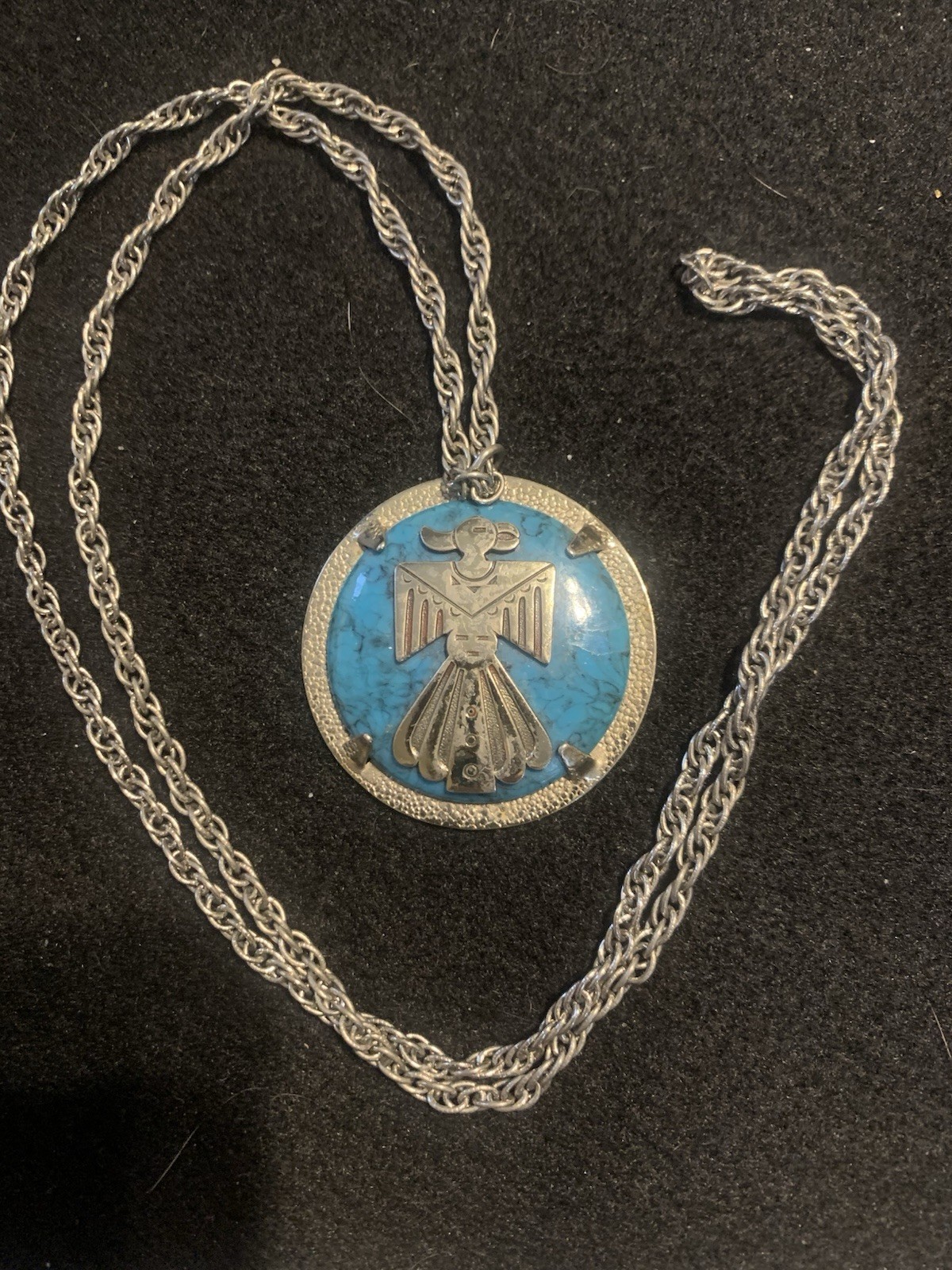 VINTAGE BELL TRADING CO NICKEL SILVER TURQUOISE THUNDERBIRD PENDANT NECKLACE