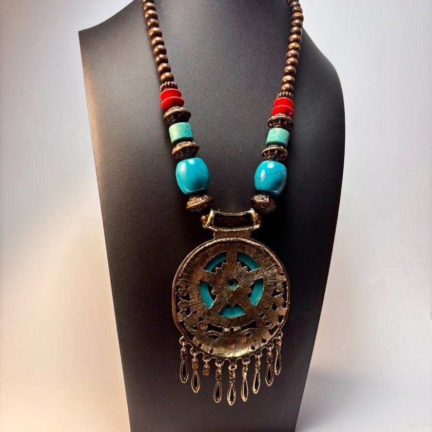 Chunky Vintage Necklace Wood Beads Boho Chunky Blue Resin Pendant