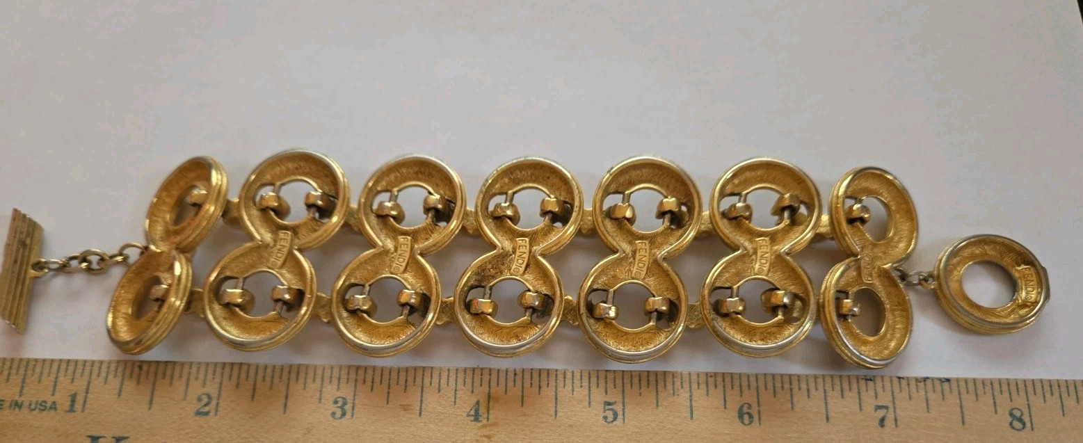 Vintage FENDI Wide Two Row Gold Plate Bracelet 8″ Length Signed 80s