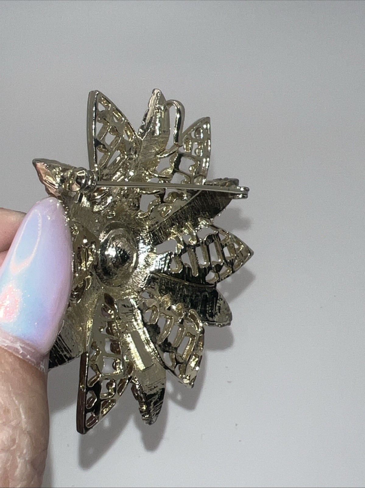 Vintage CATHE Brooch 2 3/4 In Wide Silver & Gold Rhinestone Amber-Hard to Find