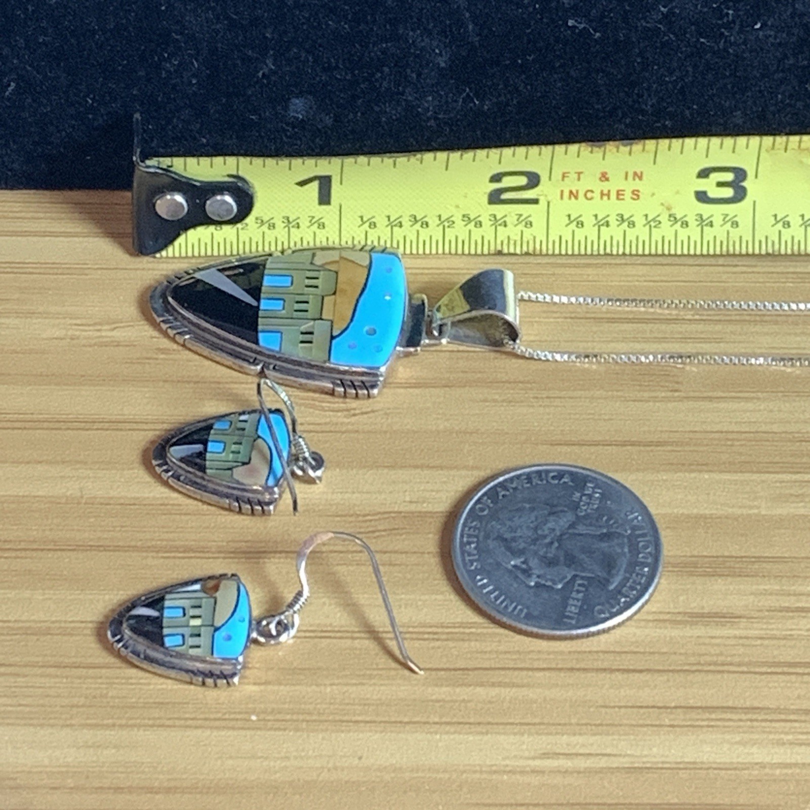 VTG Sterling Silver 925 Southwest Inlay Village Necklace Earring Set Signed VC