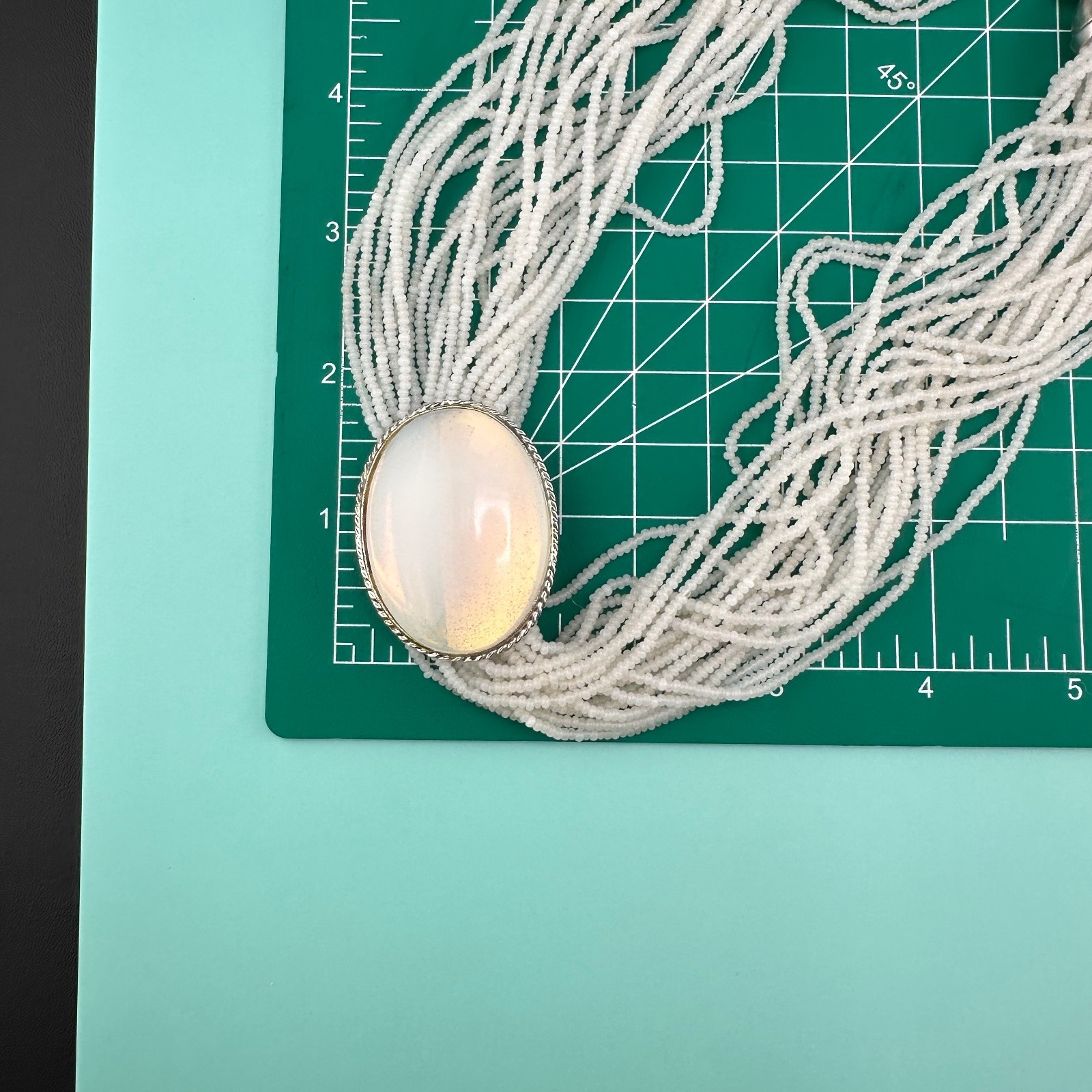 Vintage Seed Bead Opalite Necklace Multi Strand Large Oval Station Pendant 17″