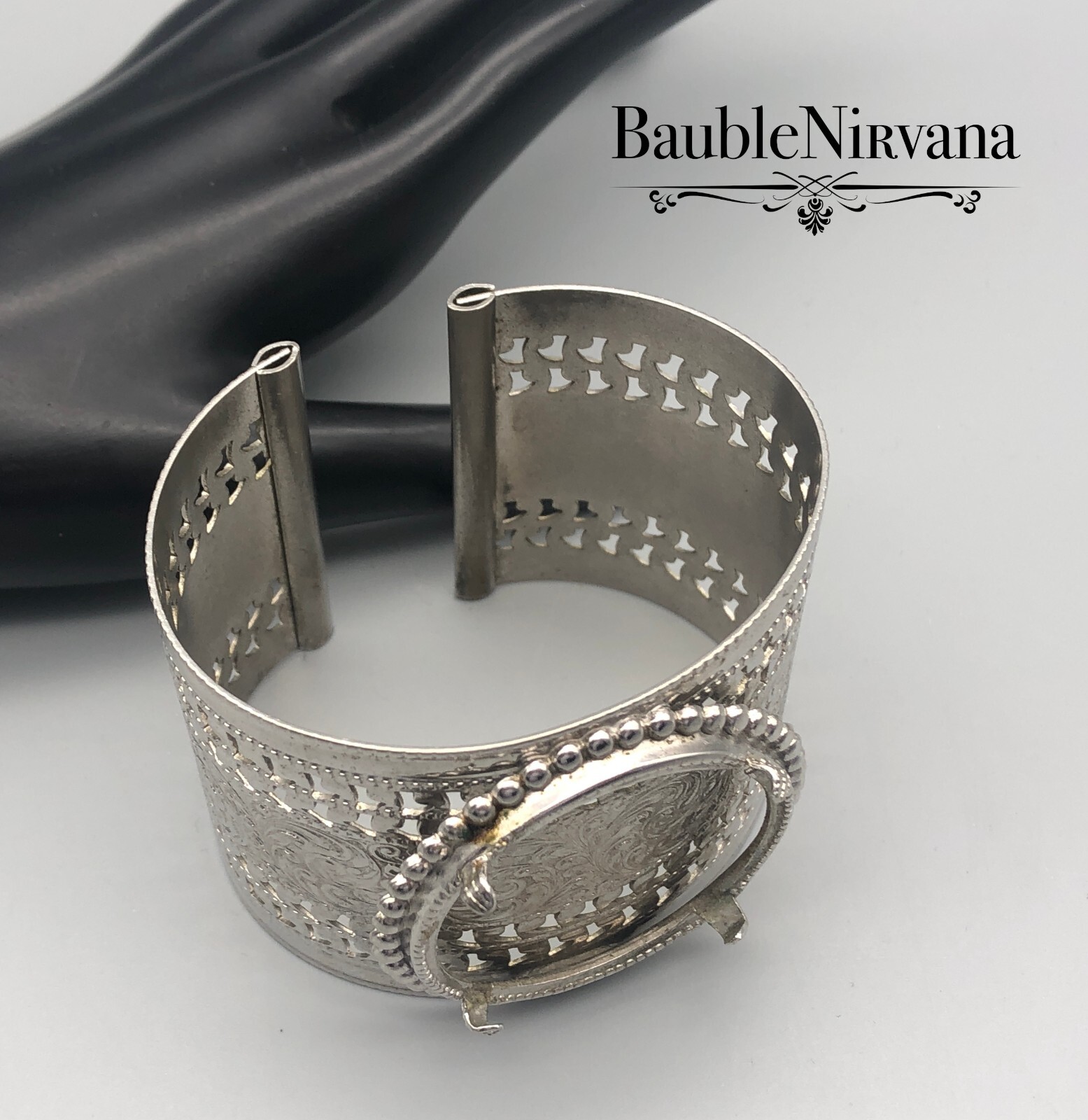 Vintage Silver Metal Extra Wide Pierced&Engraved Cuff Bracelet w/Coin Setting