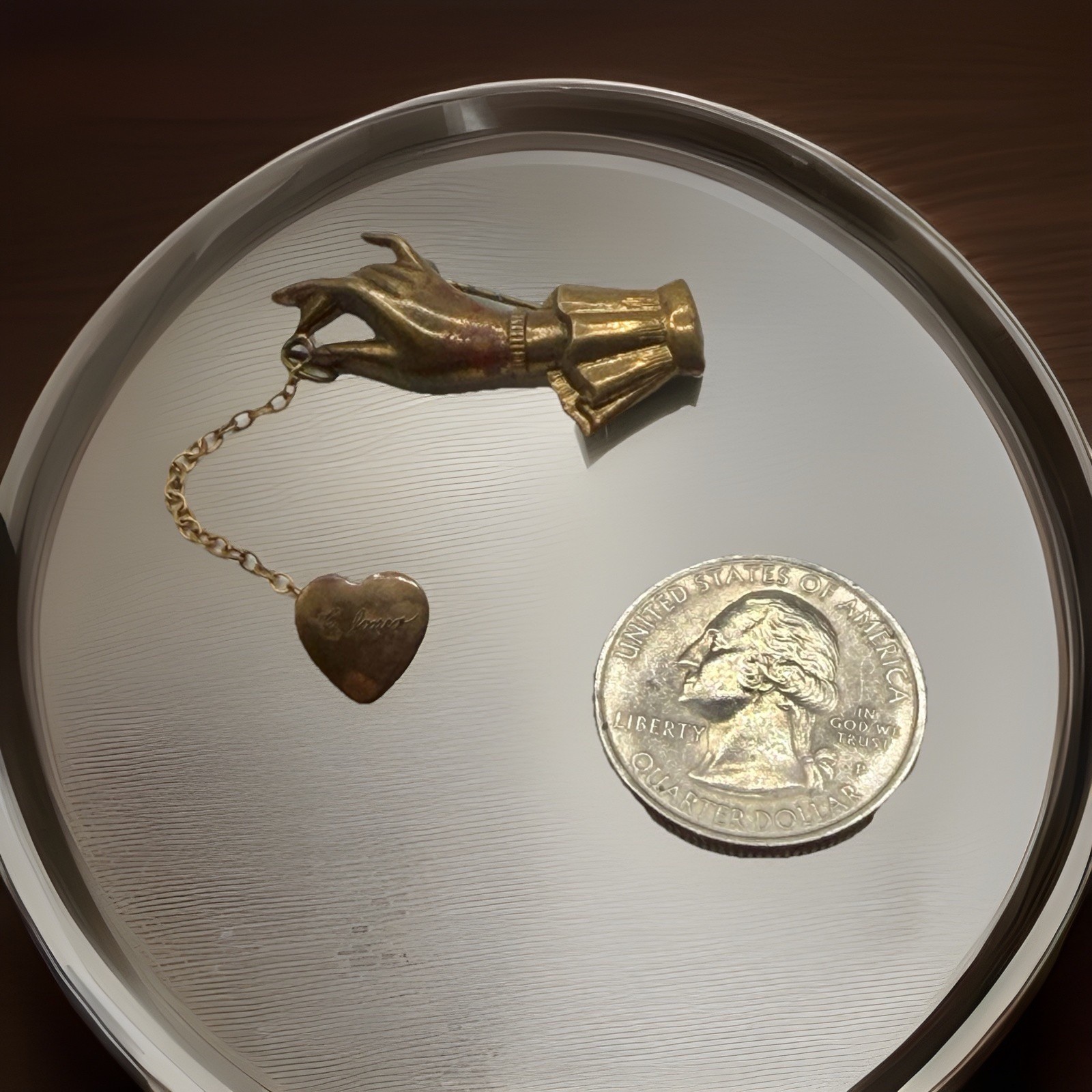 Antique Victorian Brass Hand Holding a Dangling Engraved Mini Heart Pin Brooch