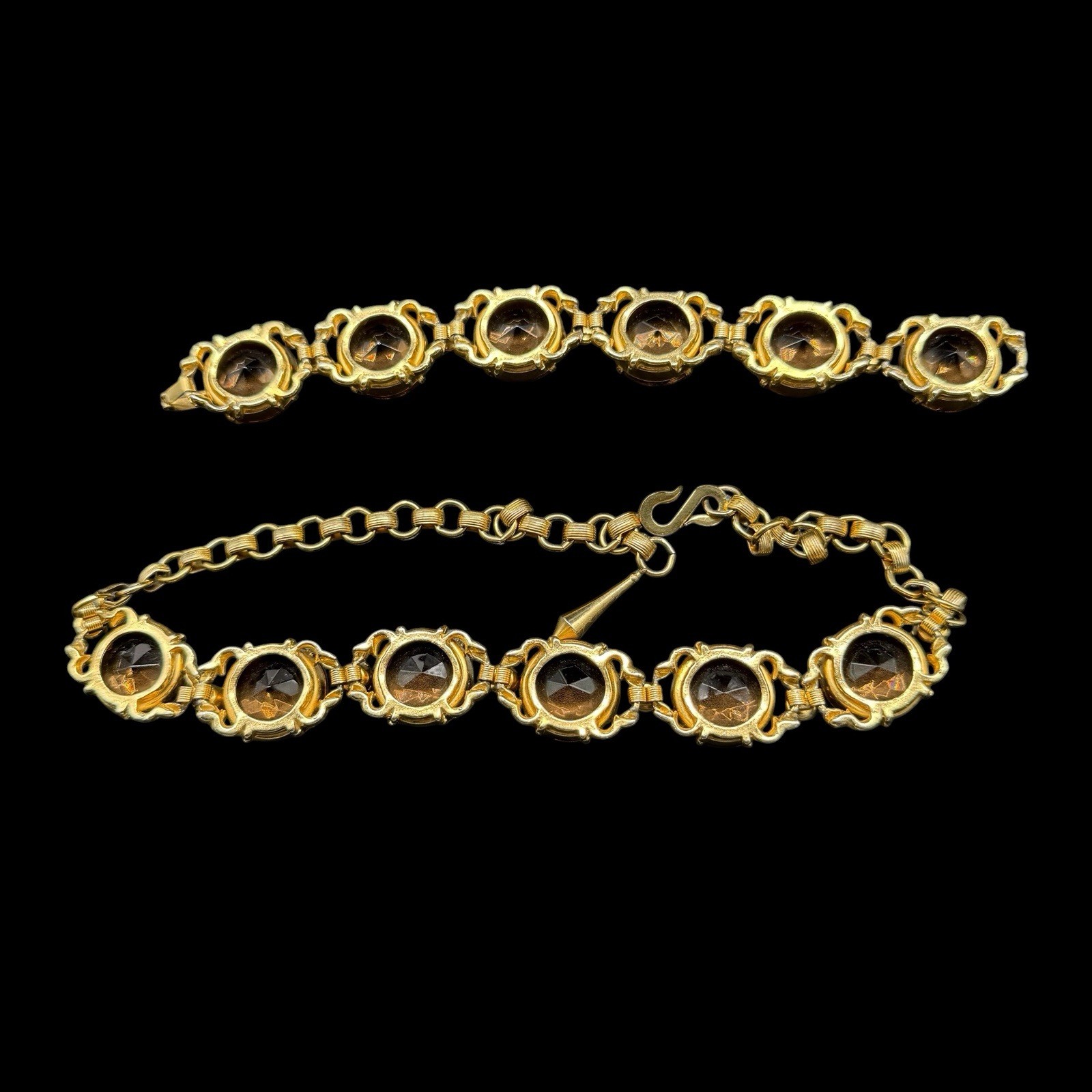 Riviere Statement Necklace & Bracelet Set Smokey Topaz Glass Collet Vintage