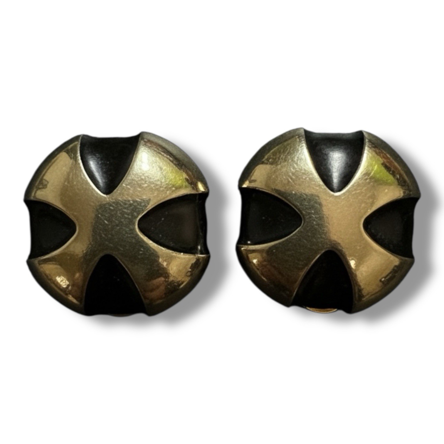 Vintage Punk Gay Boyer Maltese Cross Gold Tone Black Enamel Clip-On Earrings