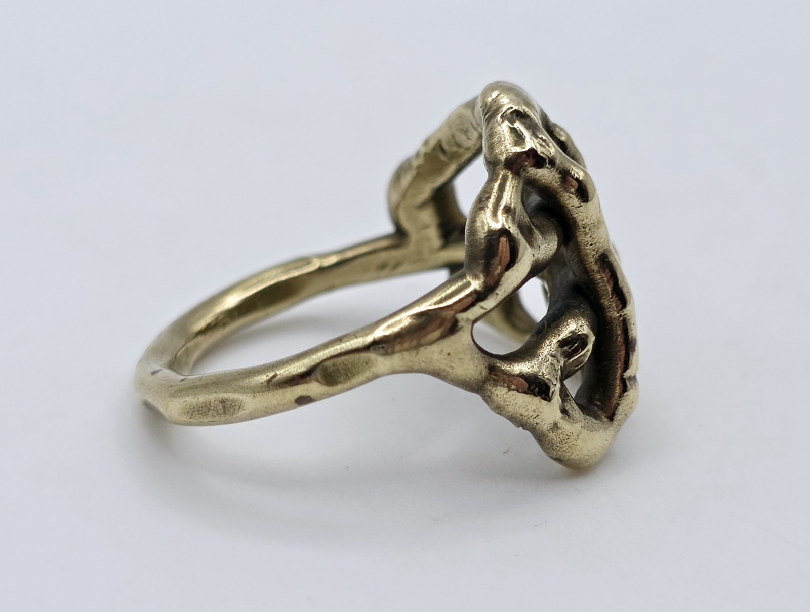 Vintage Brutalist Brass Skeleton Hand Ring Sz 8.75 MCM Modernist Goth Statement